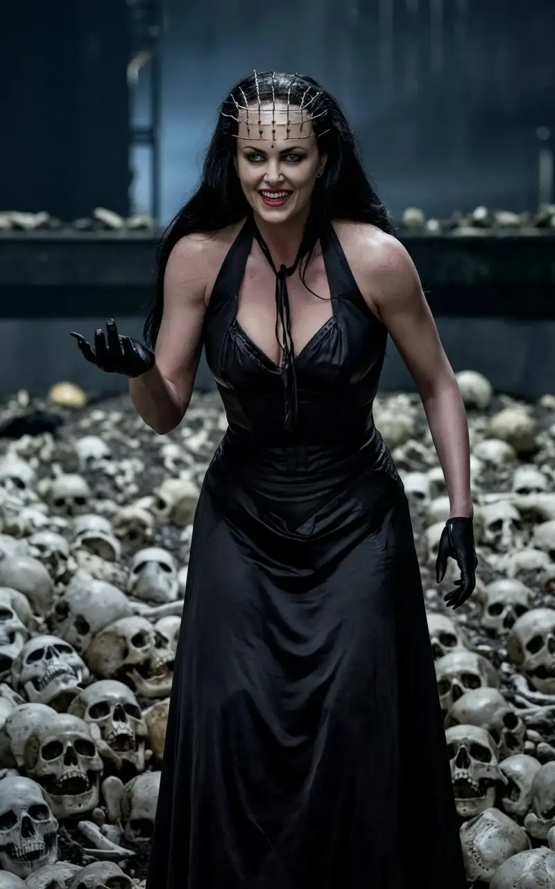 Evil-Villain-Charlize-Theron-in-Hellraiser-Setting-with-Skulls-and-Bones