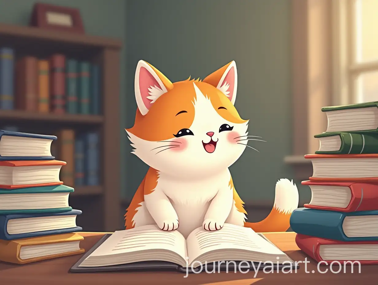 Cute-CalicoAI-Art-Prompt-Expansion-Cat-Studying-Surrounded-by-Books-in-Cartoon-Style