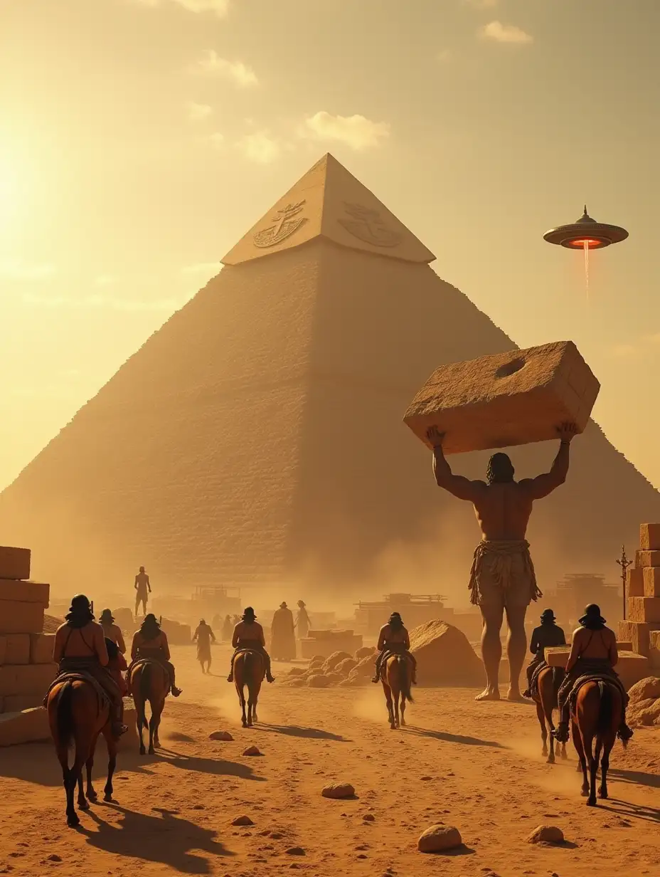 An ancient Egyptian scene set in the middle of a vast desert, bustling with activity. Strong, muscular men are pushing massive stone blocks, while others drive horse-drawn carts loaded with stones toward an unfinished pyramid. The pyramid is partially constructed and missing its pointed peak, with wooden scaffolding, ropes, and scattered stones all around. Standing beside the pyramid, a towering, majestic deity is carrying a massive triangular stone on their shoulders with both hands, preparing to place it at the top to complete the structure. The deity is portrayed as giant and divine, radiating a powerful mystical aura. Nearby, a glowing UFO has landed on the sand, with a Martian alien observing the construction. The atmosphere is cinematic, with the warm golden light of the setting sun casting long shadows. The desert is alive with a mix of ancient human labor and futuristic extraterrestrial presence, blending wooden scaffolds and ropes with the advanced technology of the glowing UFO. The entire scene conveys the epic scale of construction and the collaboration between ancient humans, aliens, and divine beings.