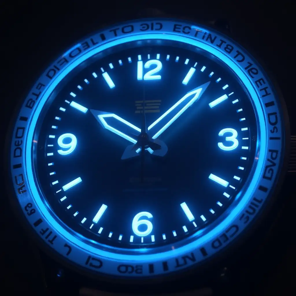 jam analog futuristik, warna biru neon dan ungu, latar transparan, efek bayangan lembut, sentuhan modern.