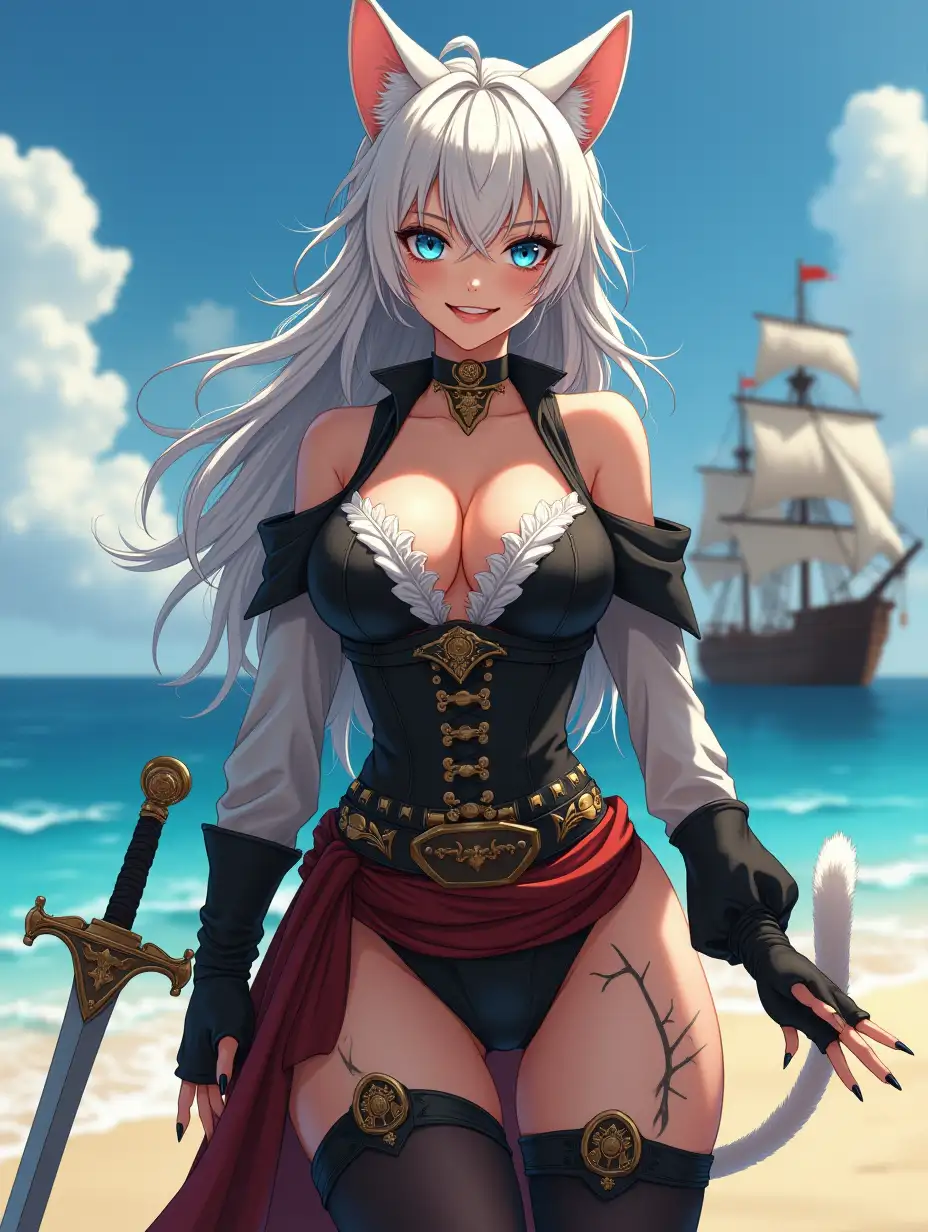 A mature adult feline/woman dressed as a pirate with a sword on a beach.  A pirate ship in the background. Her 30-something years are disguised by her youthful facial features, except for her subtle wrinkles around the eyes, extremely slender body. Her ample bosom strains against her clothing, threatening to burst free from the fabric, extreme cleavage.  Wearing black thigh high pirate boots. She has piercing blue cat eyes. A choker adorns her neck, a subtle hint at her feline nature. Her long, white hair cascades down her back like a wild waterfall, tangled and disheveled. Her cat-like teeth glint in the light, as her white fur-lined ears punctuate her visage with sparkling black and gold earring adorns each ear, adding a touch of elegance to her feline features. Cat whiskers on her face. The attached tail at the base of her spine stirs lazily.  Long fingernails. Full body view. Anime.