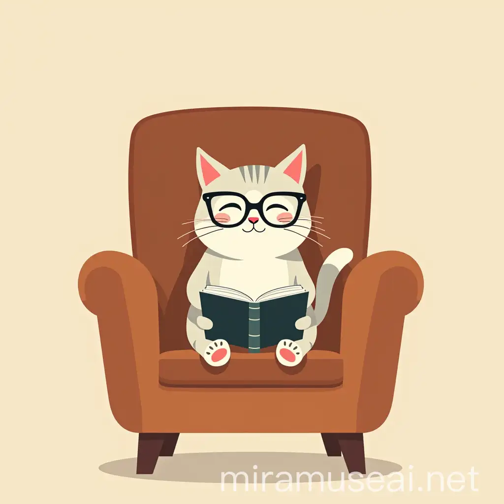 Cat Reading Book in Armchair Vector Illustration