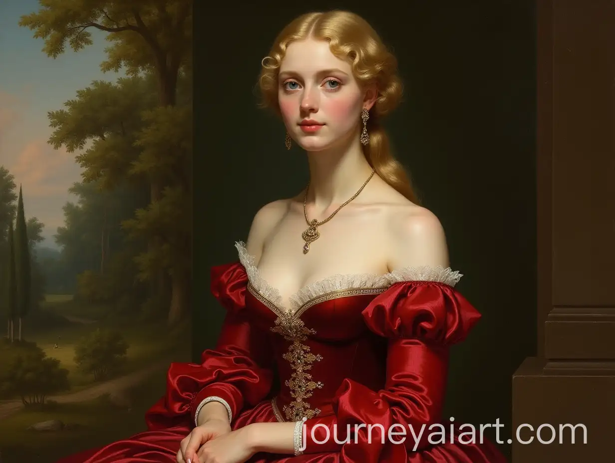 Elegant-Blonde-Woman-in-Corset-and-Miniskirt-with-Forest-Landscape-Background