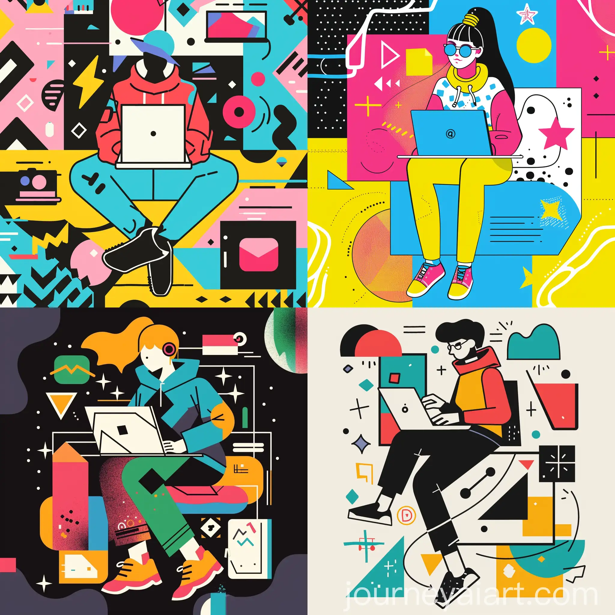 NeoBrutalism-Style-Vector-Illustration-of-Person-Using-Laptop-with-Geometric-Shapes-and-Vibrant-Colors