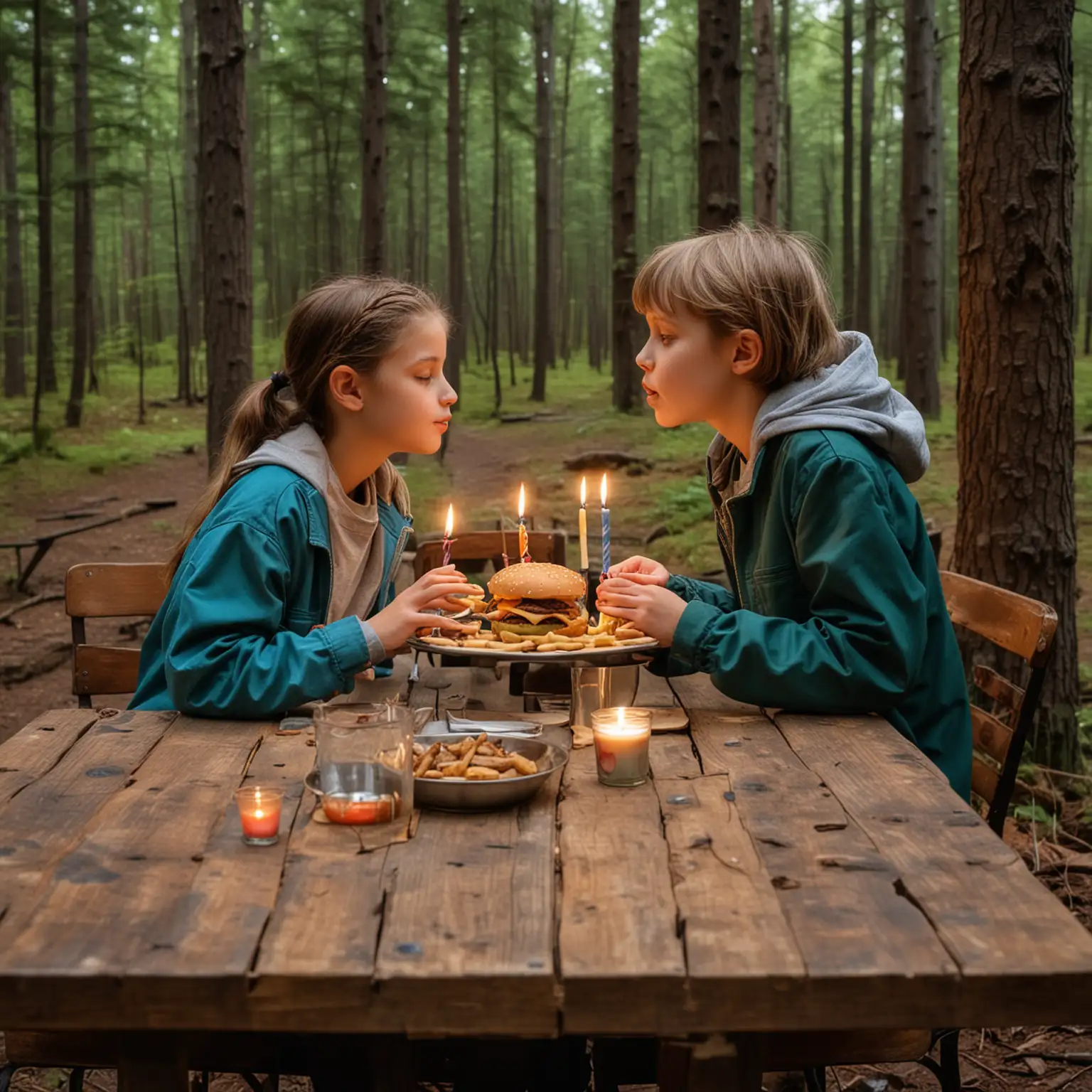 Children-Sharing-a-Moment-in-the-Forest-with-Burgers-and-Fries