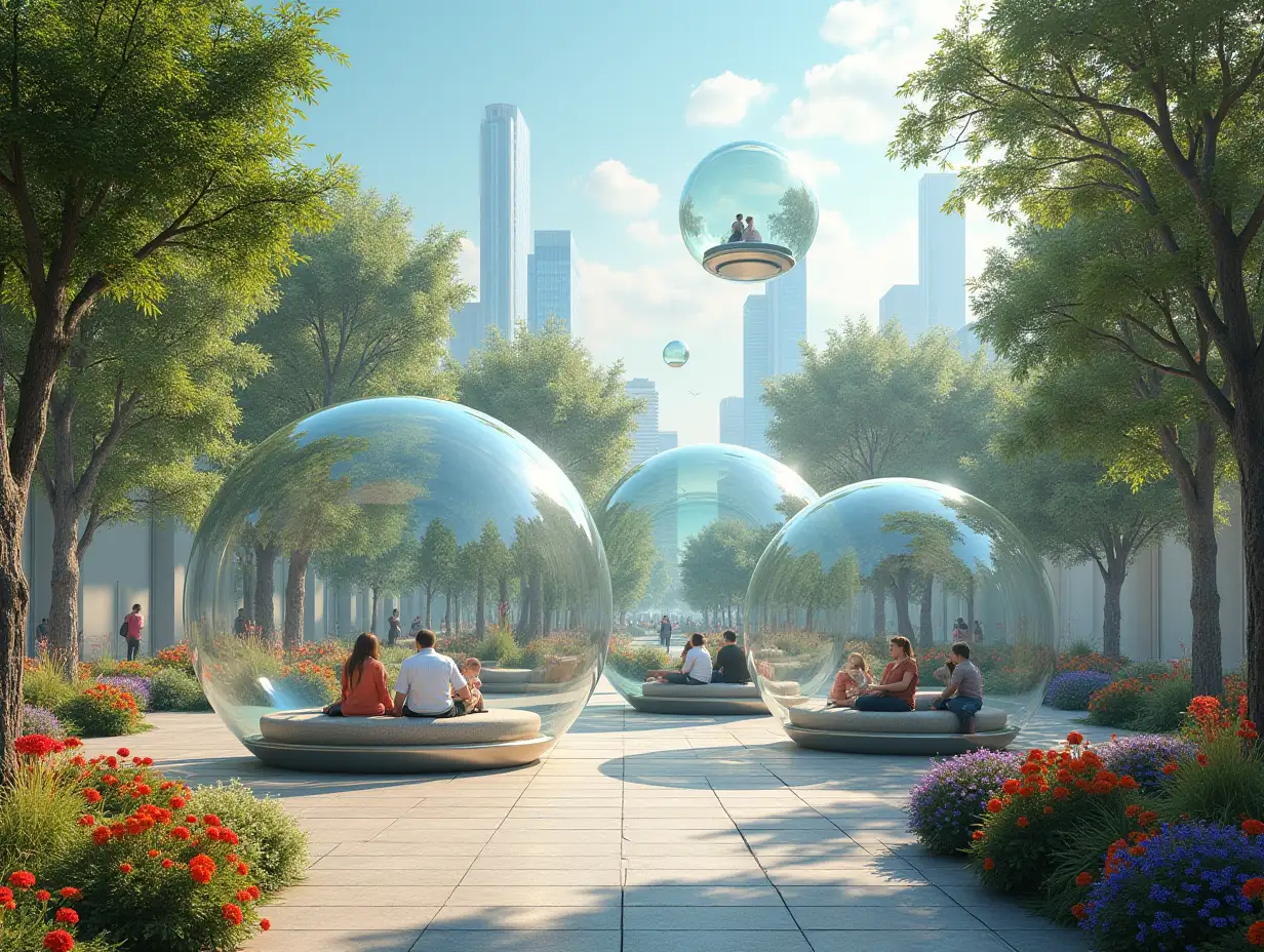 Ultradetailed hyperrealistic photo-realistic portrait 5 flying large glass balls with seating area sit people and pass by many trees down many colorful flowers and colorful plants texture, surfaces and lighting to give depth, dimension and a vibrant photo-realistic appearance.