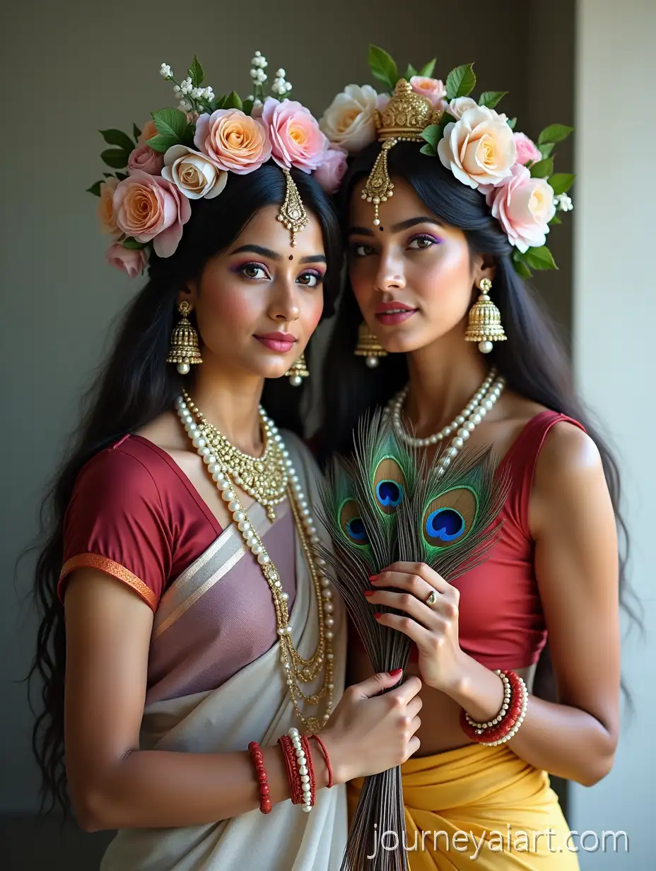 Divine-Radha-and-Krishna-in-Traditional-Attire-with-Peacock-Feathers-and-Floral-Crowns