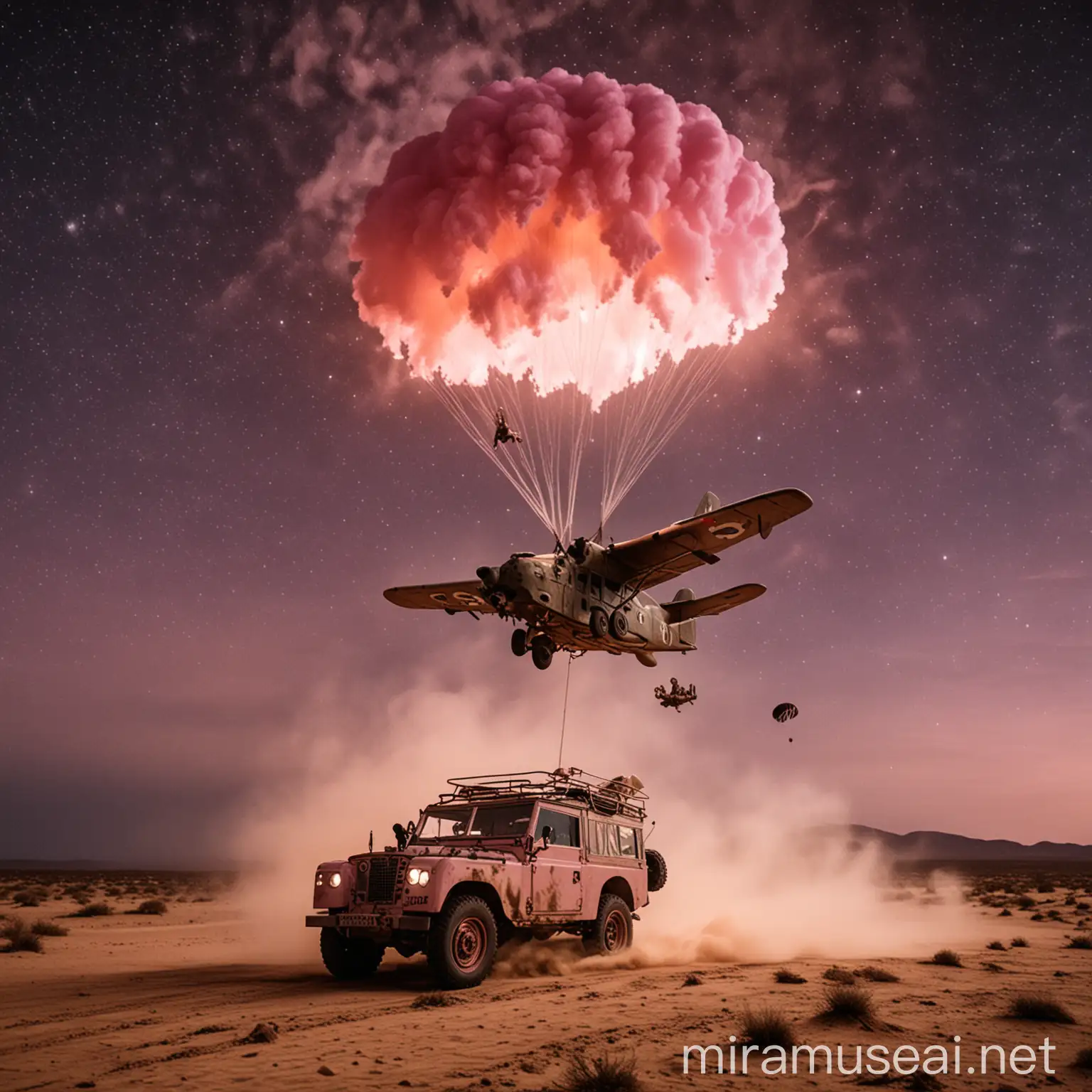 World War 2 Night Parachute Mission with Pink Fox Land Rover in Desert