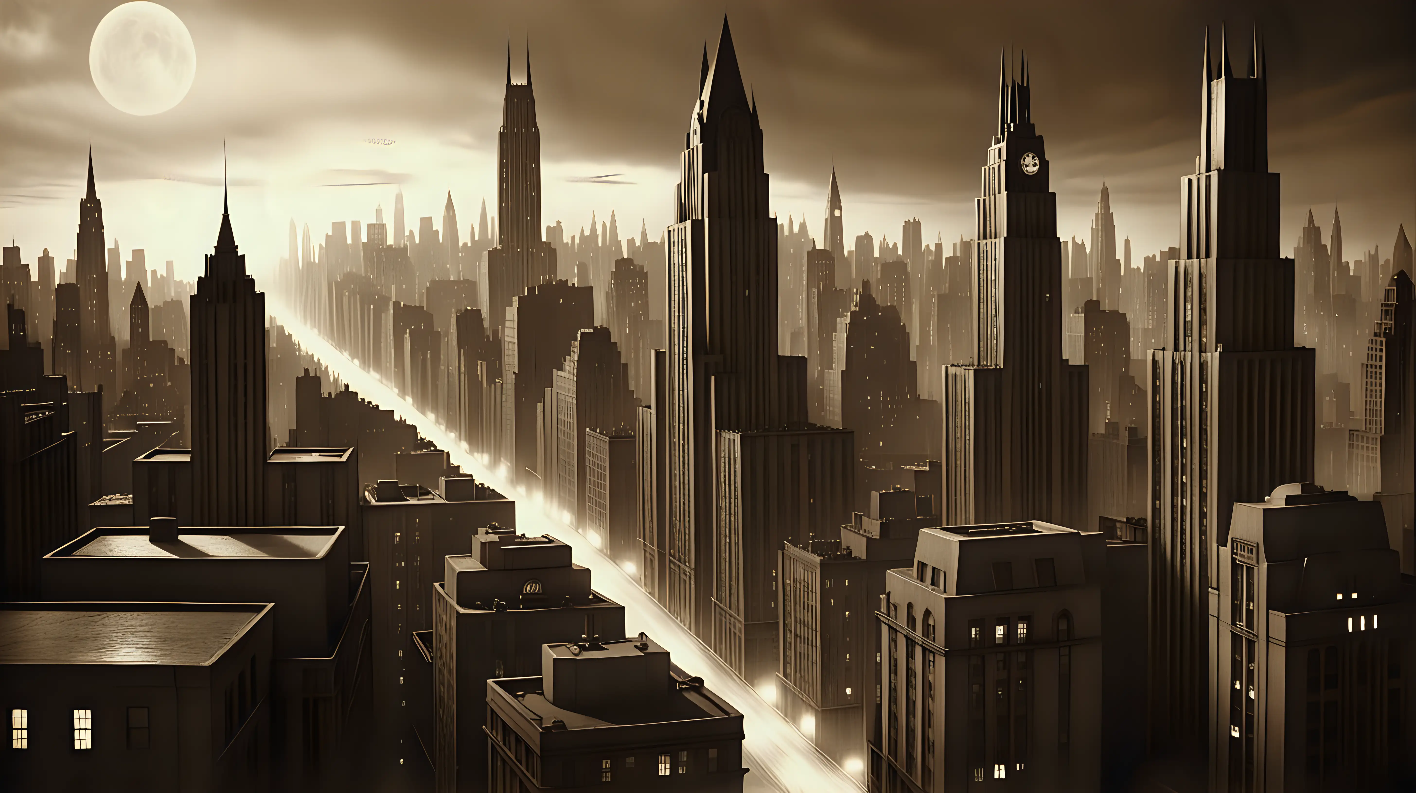 1940s Gotham Cityscape in Sepia Tones with Art Deco Style