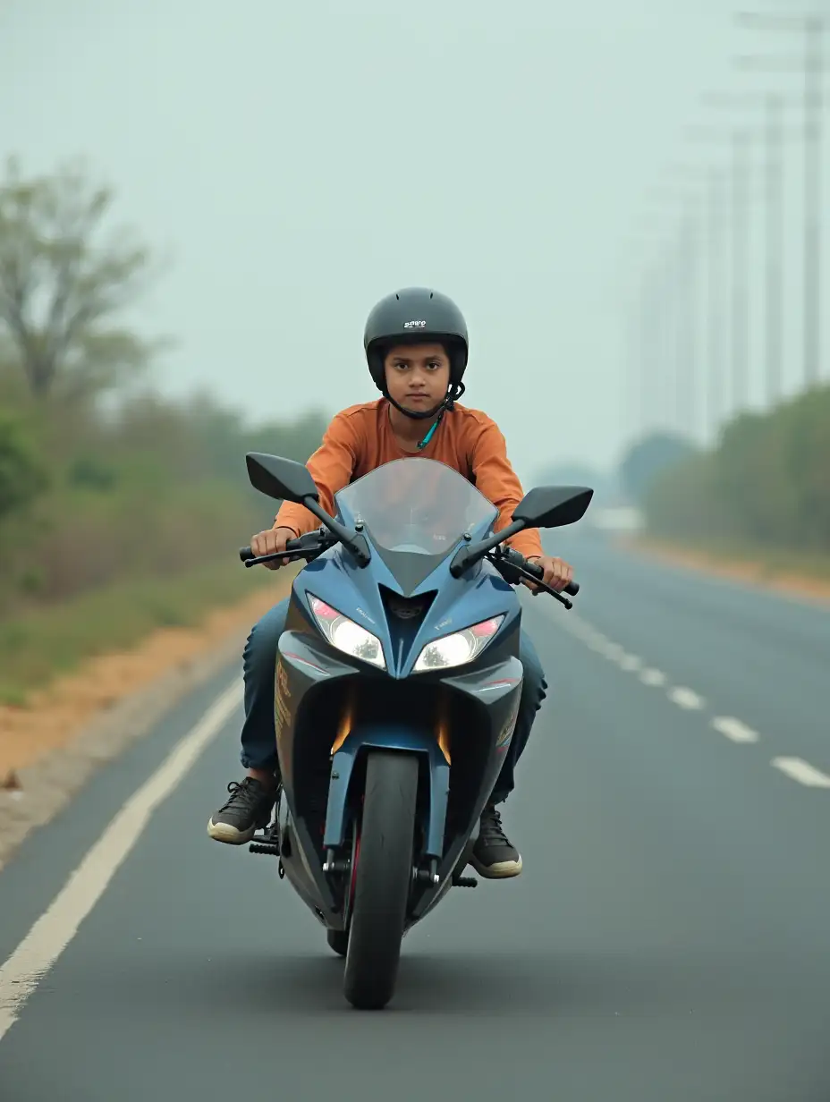 A young person is riding a motor sports bike on the highway.