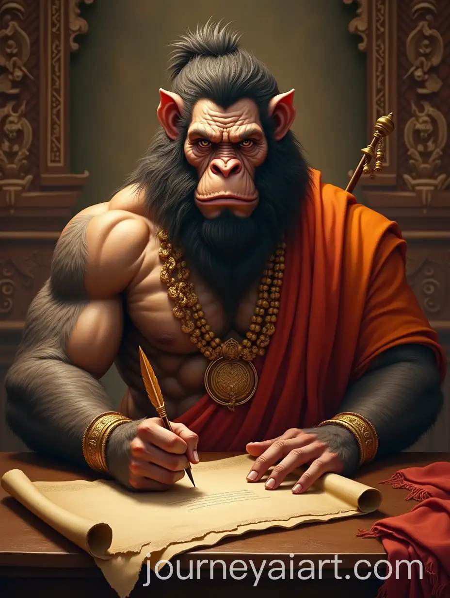 Powerful-Anthropomorphic-Ape-Face-Writing-on-Ancient-Scroll-in-Temple