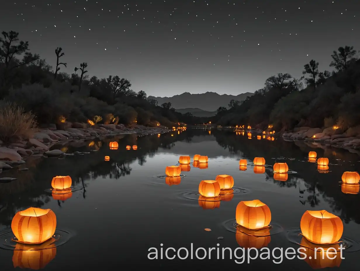 Nighttime-Arizona-Park-with-Glowing-Orange-Water-Lanterns-and-Sky-Lanterns