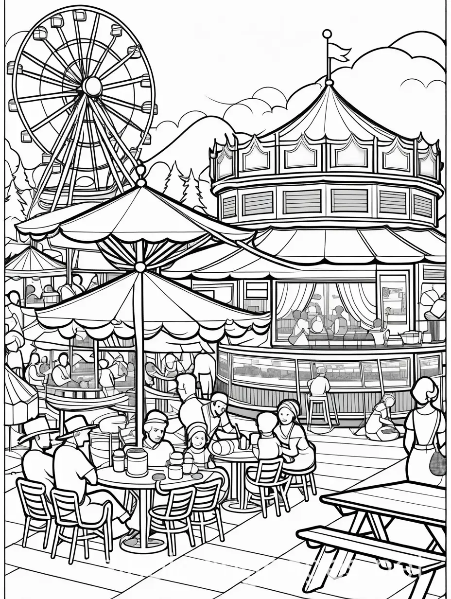 Summer-Fair-Coloring-Page-with-Carnival-Rides-and-Picnic-Tables