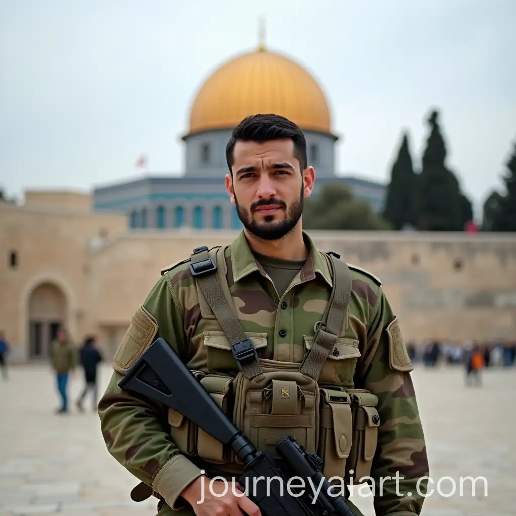 Hezbollah-Soldier-in-US-Woolband-Camo-Shirt-at-Dome-of-the-Rock-Mosque-in-Palestine