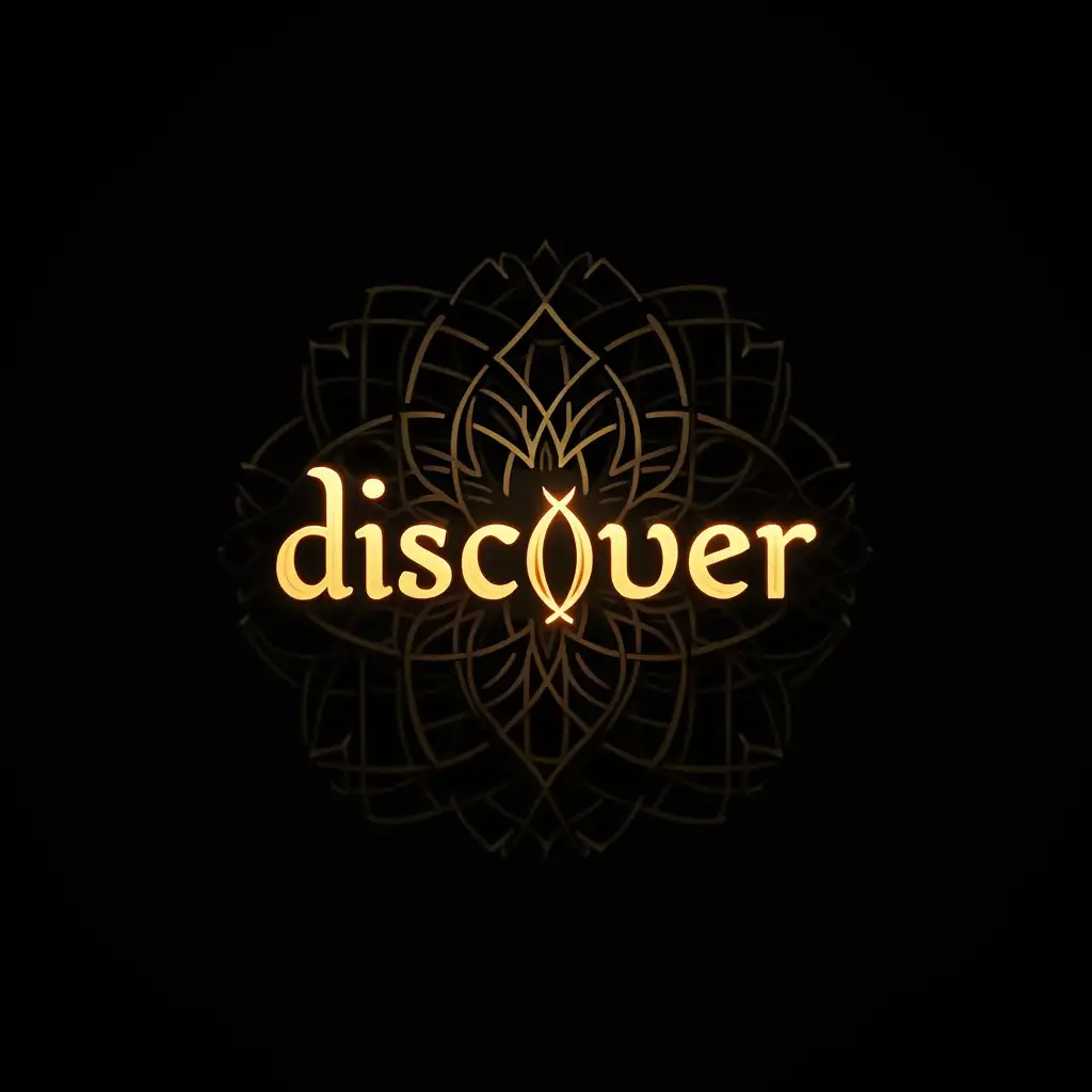 A powerful English calligraphy design of the word 'discover with ROBIN' in Thuluth script, glowing in gold against a Light black background. Behind the calligraphy, a strong geometric Islamic pattern, resembling intricate mashrabiya or muqarnas designs. The overall aesthetic is elegant, modern, and powerful, symbolizing strength, unity, and honor. High contrast, ultra-HD, and minimalist with a dark, epic vibe.