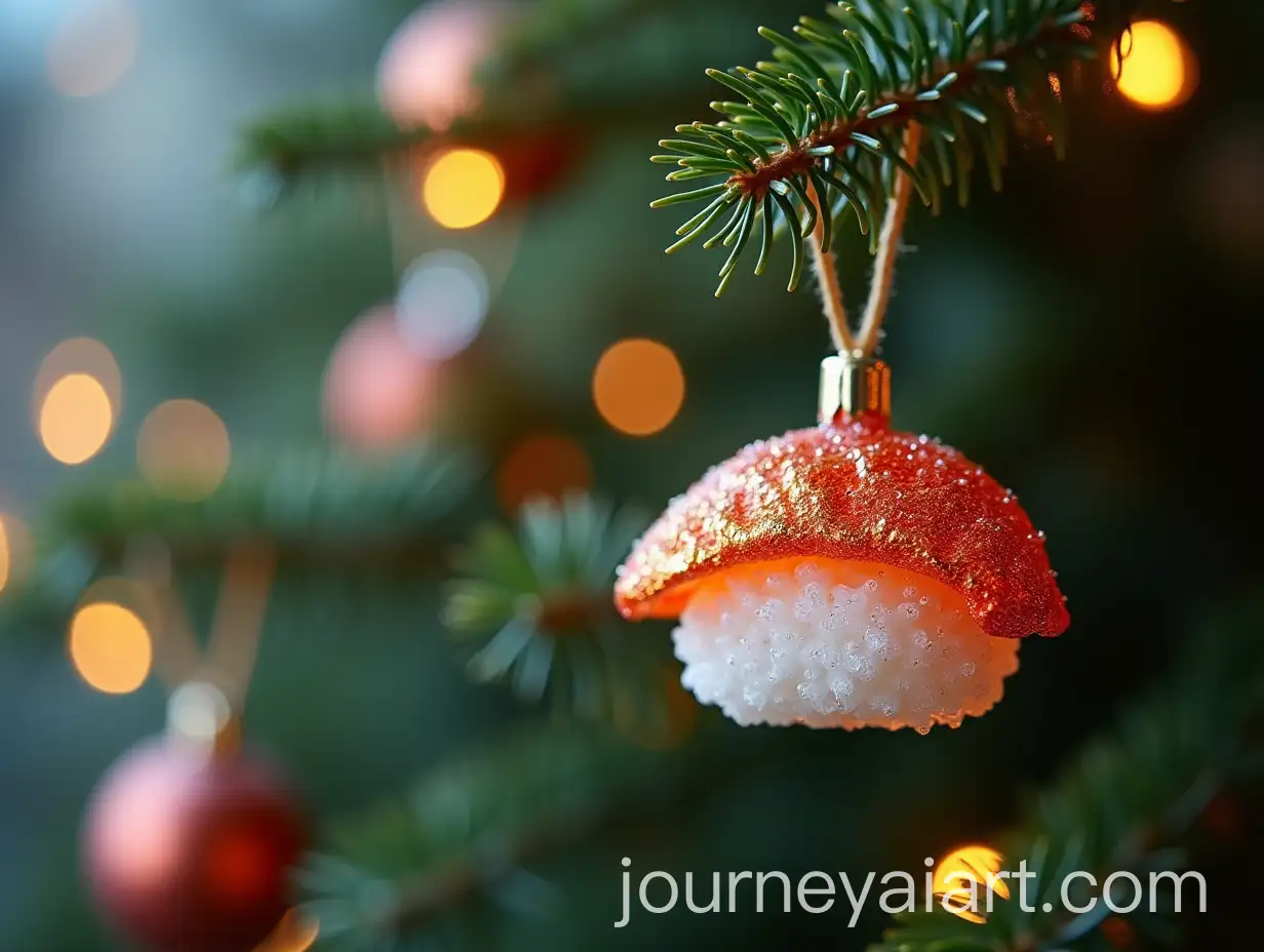 Shimmering-Metallic-Glass-Sushi-Roll-Ornament-on-Spruce-Tree-with-Multicolored-Garlands