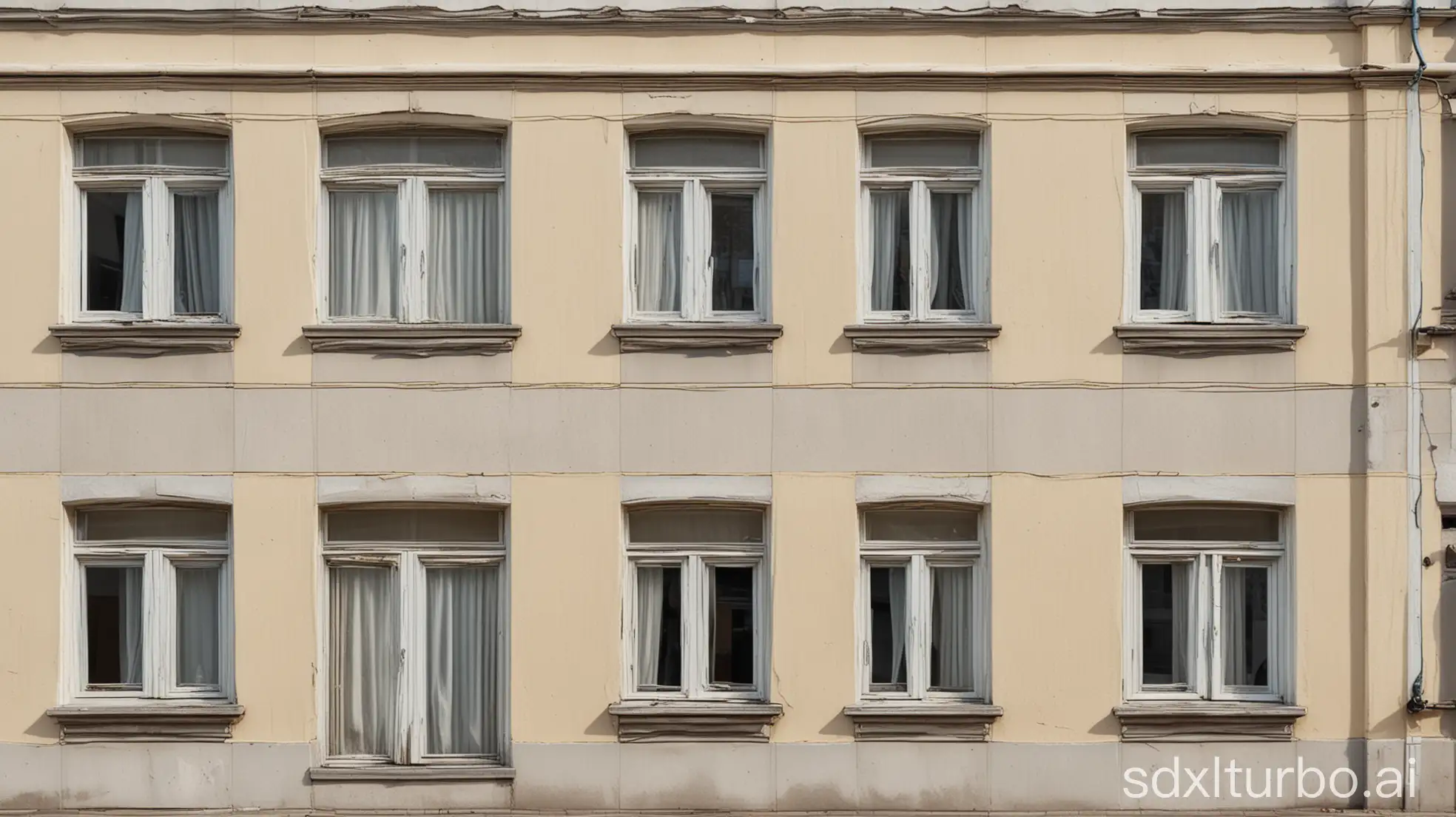 Create a vector illustration of four apartment building facade panels, each styled according to a different Soviet/Russian architectural era. The illustration should be front-facing (strictly orthographic view, no perspective distortion) and rendered in a realistic vector style, with clean lines and slight cartoon softness. Place all four panels side by side on a pure white canvas, with even spacing between them. The four architectural styles to represent: Khrushchyovka – Yellowish-gray prefab concrete panels with visible wear and tear. Simple wooden window frames, old paint, cracked stucco, and minimal decorative features. Brezhnevka – Later-era panel building with larger concrete slabs, often gray. Plastic or metal-frame windows, cleaner design with fewer details, flat surfaces and minimalistic aesthetics. Stalinka – Monumental architecture with pastel-colored facades (beige, light yellow), decorative molding around windows, larger white-framed windows, thick walls, and possibly a small balcony or protruding structure. P-44 (including variations like P-44T, P-44K) – Modern panel design with vertical seams between sections, plastic double-glazed windows, typically in white, gray, or light blue colors. Neatly finished surfaces and standardized proportions. Each panel should be visually balanced, occupying equal height and width. Include visible concrete textures, panel seams, window frames, sills, and other small architectural elements typical of each style. The overall aesthetic should combine a clean, slightly cartoonish vector look with realistic architectural detail. Keep the background white with no environmental shadows or elements.