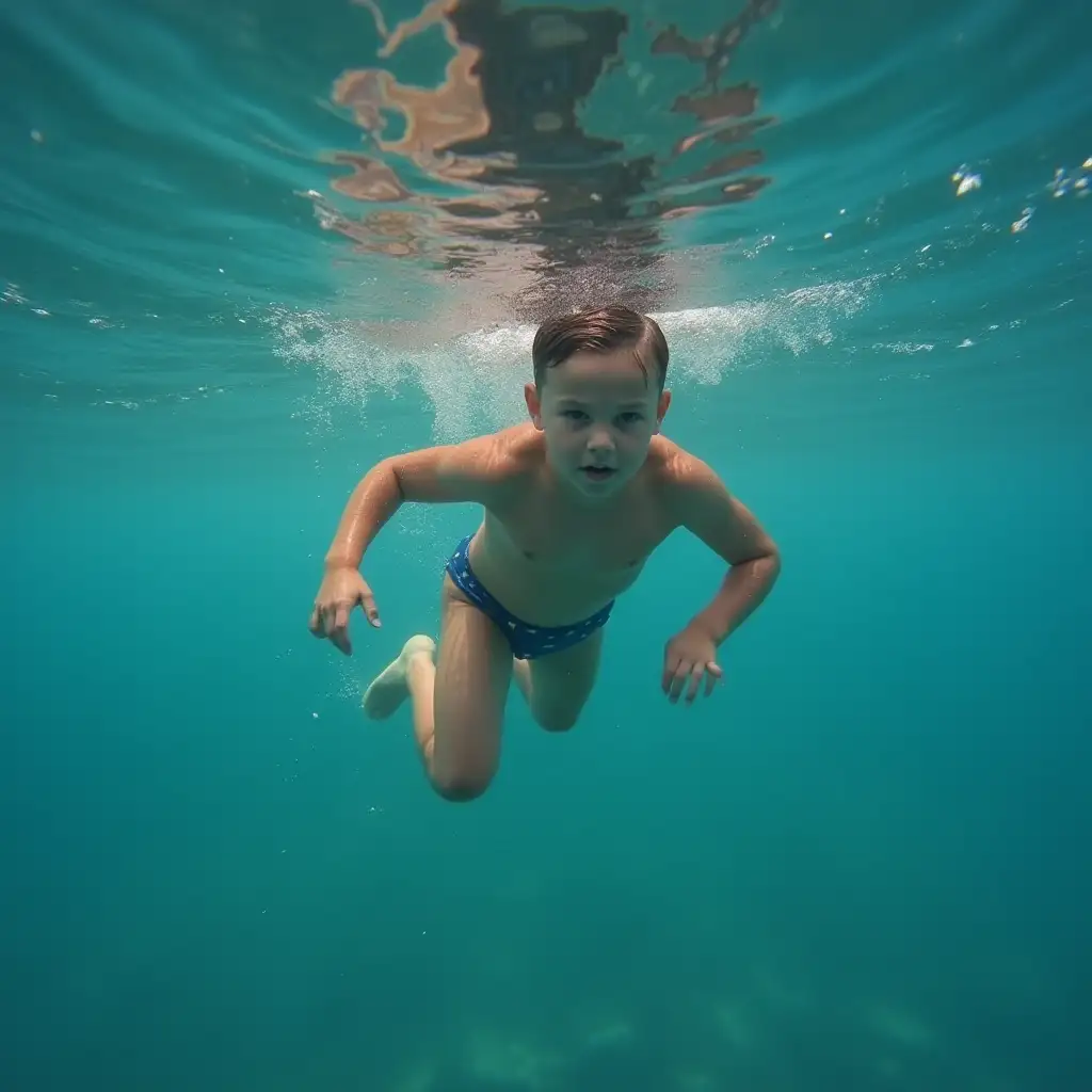 Slender boy in swim briefs diving just beneath the water surface