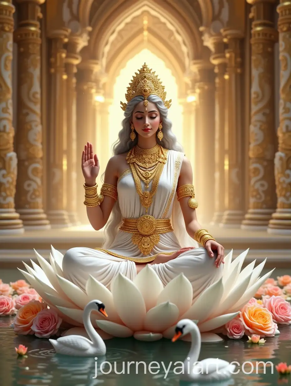 Divine-Goddess-Sitting-on-a-White-Lotus-in-Ornate-Temple-with-Veena-and-Swans
