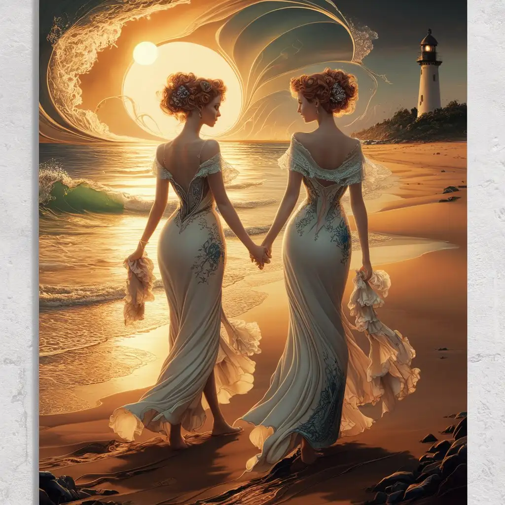 Art Nouveau style, Two women holding hands and walking along the shoreline at sunset, their silhouettes illuminated by the golden light, sharing a tender moment by the ocean