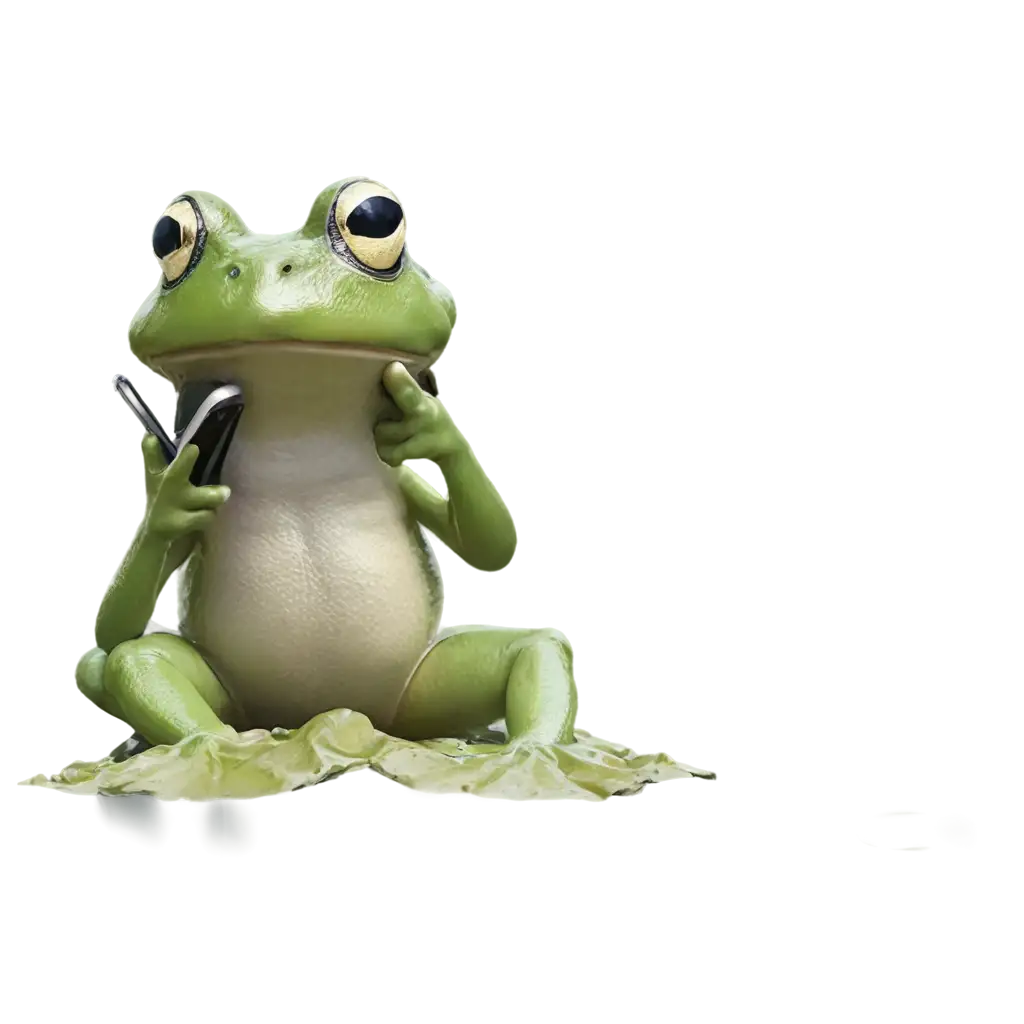 HighQuality-PNG-Image-Frog-Using-Cellphone-in-a-Serene-Lake-Scene