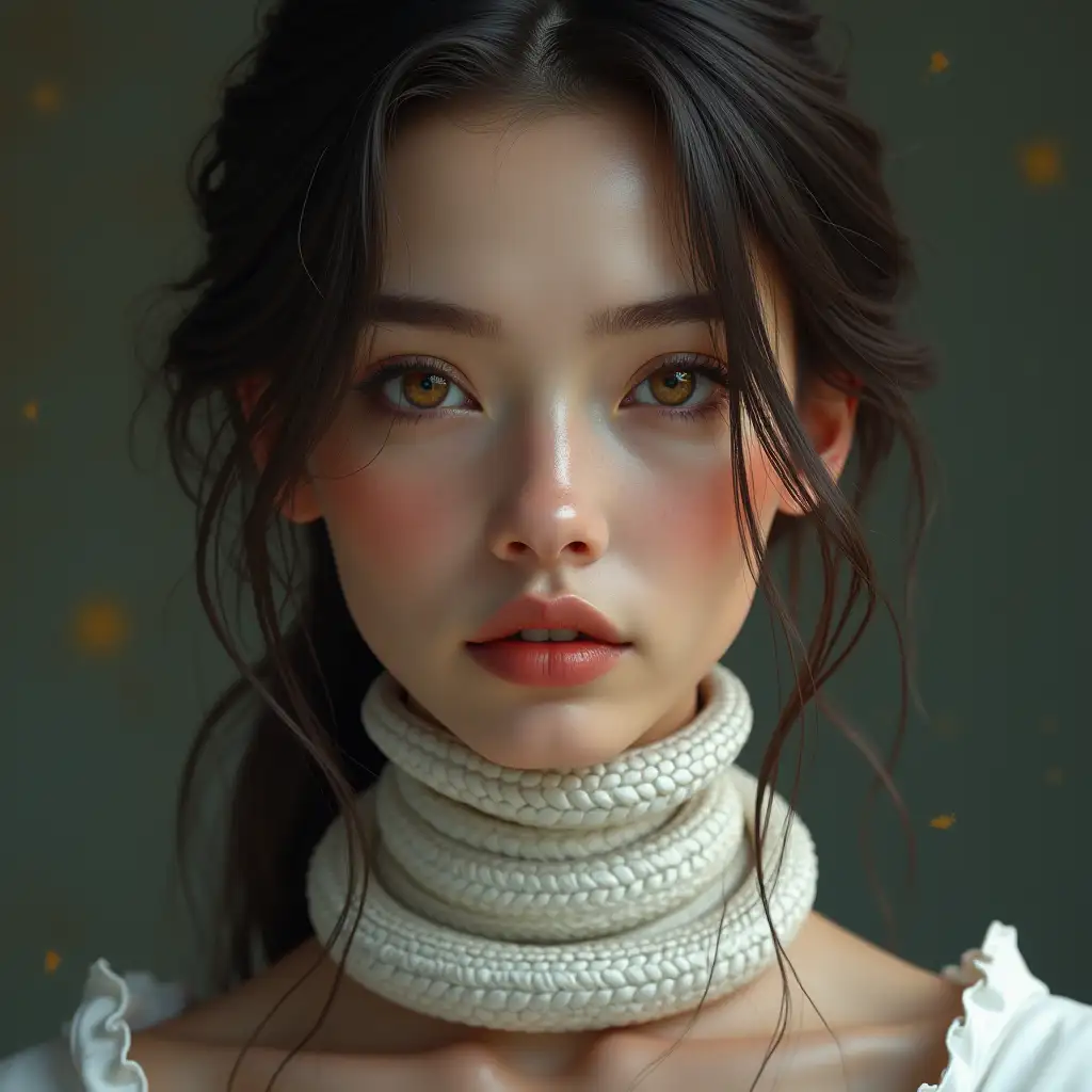 ultradetailled hyperrealistic portrait a woman with white braided snakes head necklace with impeccable attention to texture, surfaces and lighting, to give depth, dimension and a photorealistic look