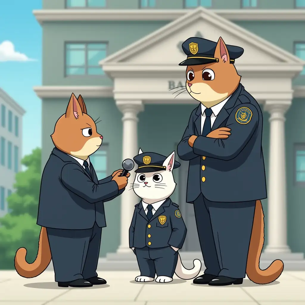 A field reporter from a news agency is interviewing two police officers. All three characters are anthropomorphic cat characters dressed like humans. One of the police officer is tall and strong and has his hands crossed. He has a confident look on this face. He is asnwering the reporter. The other police officer is short and timid and feels very under confident. The field reporter is asking a question to the tall officer. The interview is happening in front of a Bank building. The art is in the style of flat cute anime style by studio Ghibli. The camera is in a medium shot.