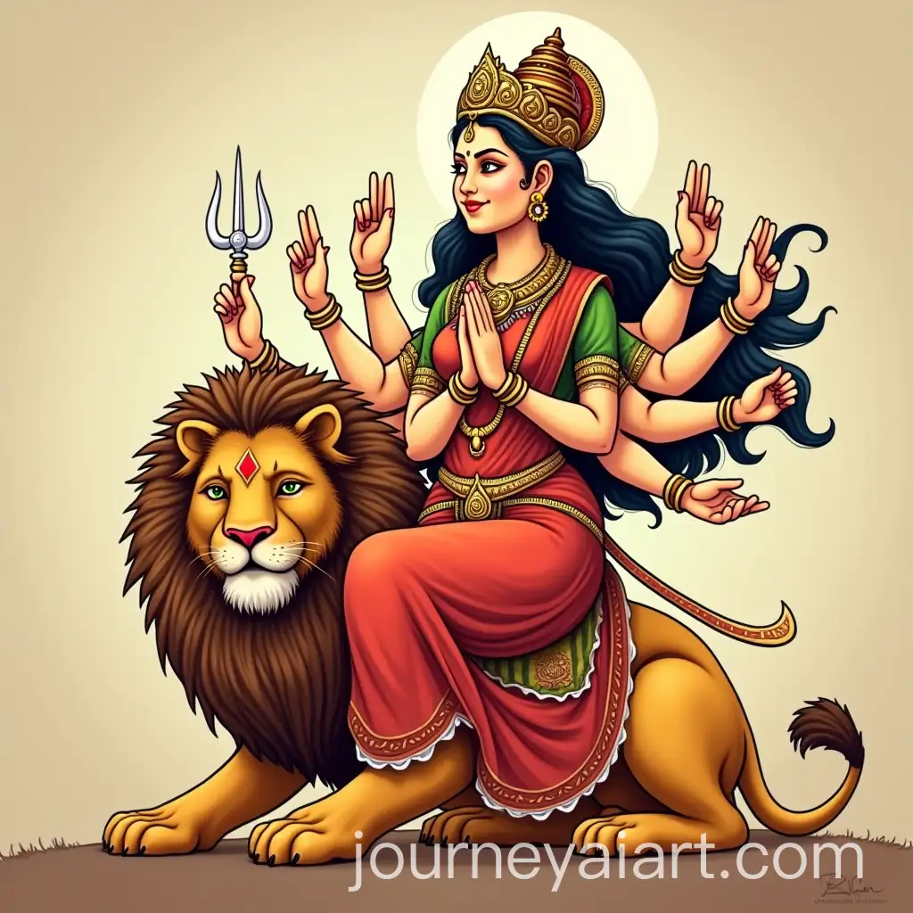 Goddess-Durga-with-Ten-Arms-Riding-a-Lion-with-Girl-Praying