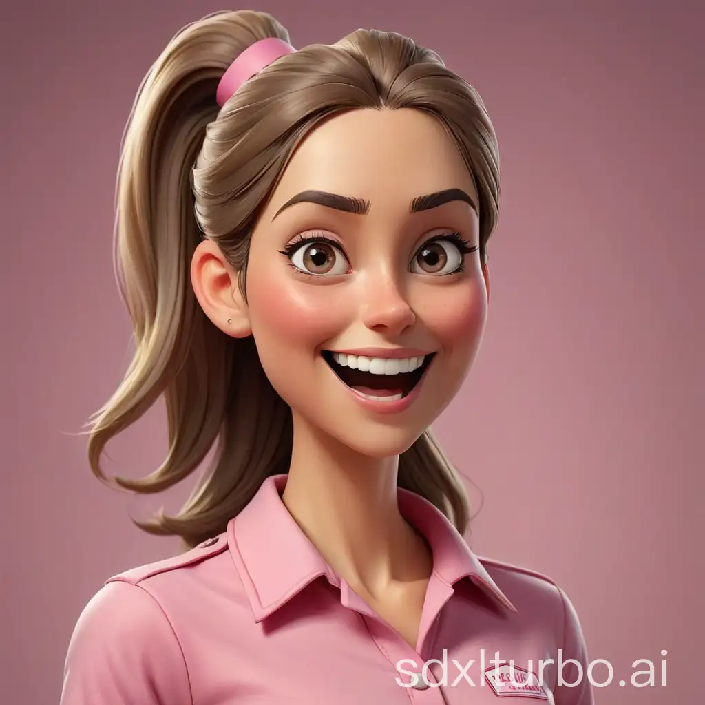 Realistic-Cartoon-Style-Portrait-of-a-Woman-in-Pink-Uniform-with-High-Ponytail