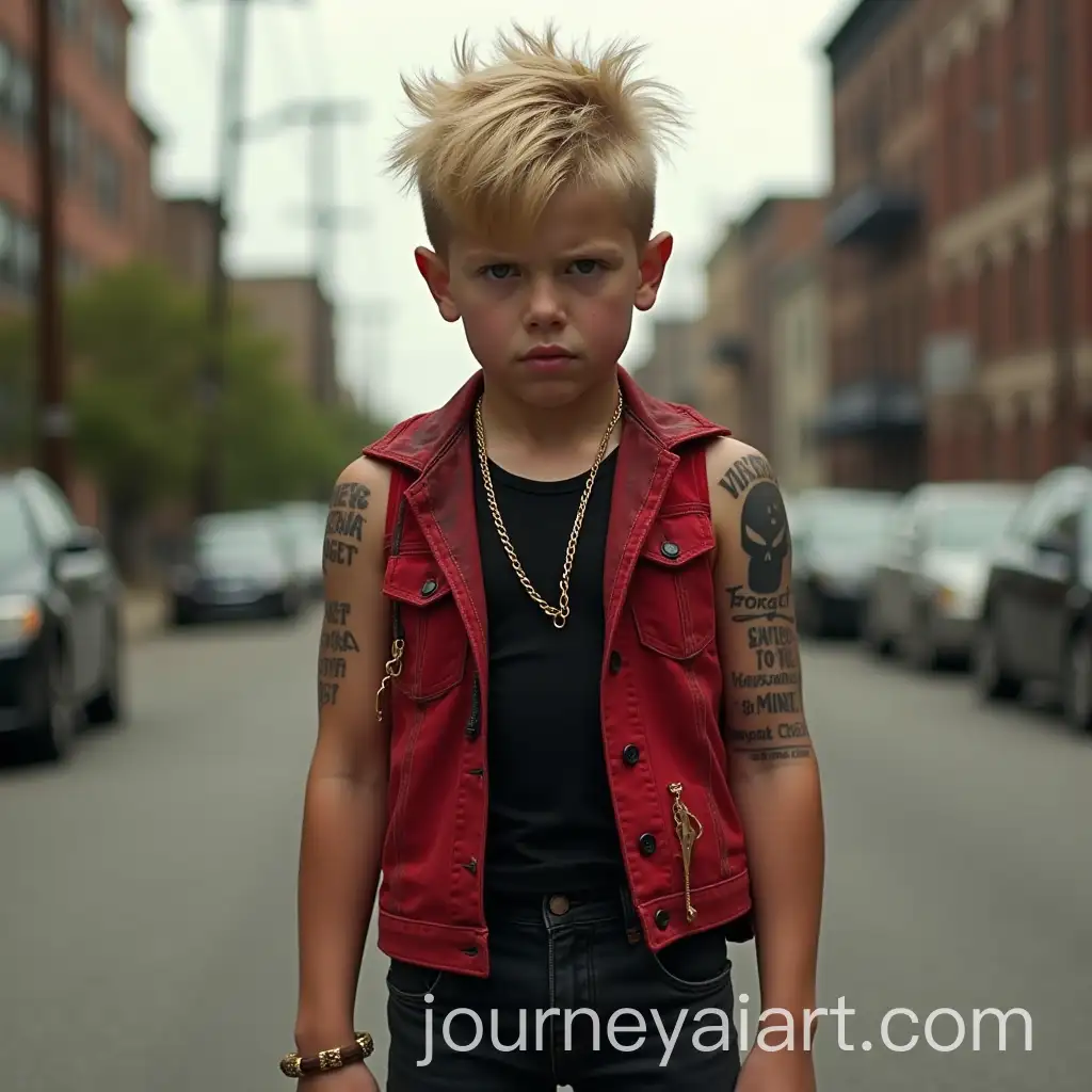 Tough-5th-Grader-Staring-in-the-Street-with-Punisher-Tattoo-and-Vengeance-Messages