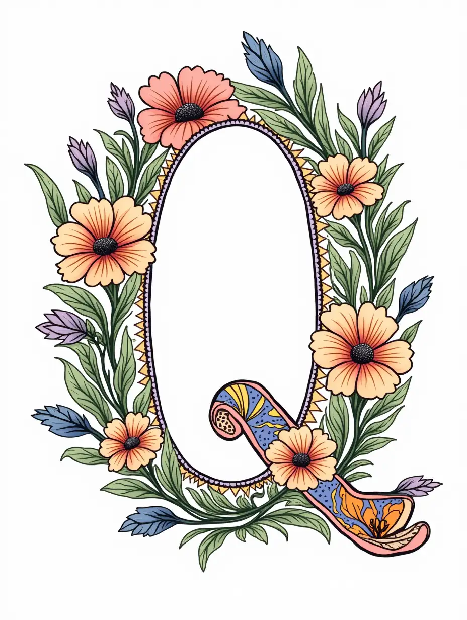 Coloring-Page-with-Letter-Q-Surrounded-by-Flowers-and-Simple-Patterns