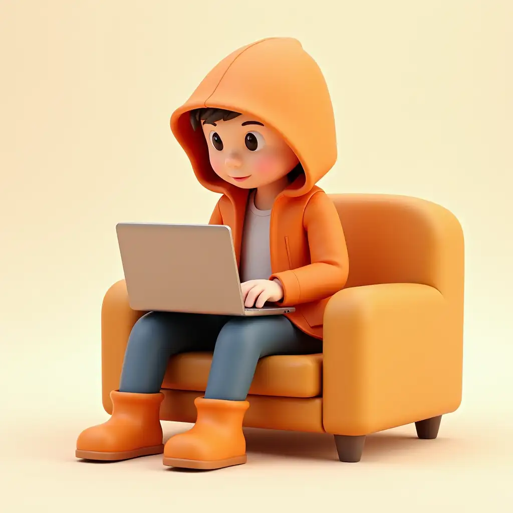 3D CARTOON,WEARING ORANGE COLOR,COAT PAINT,USING LAPTOP,SITTING ON SOFA CHAIR