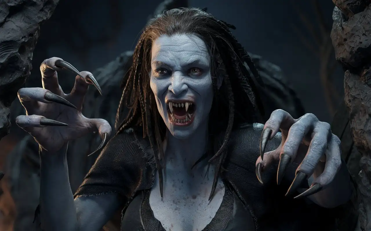 A photorealistic scene in which a wild, monstrous female vampire appears out of the darkness, creating a creepy and frightening atmosphere. The vampire has very long pointed nails on each hand and on her toes resembling the claws of a predator, and her mouth is threateningly open, exposing terrible teeth like fangs. She looks like she has climbed out of the grave, with hyper-realistic details such as full anatomical precision and high detail. The stage is designed in a cinematic style, with intense and atmospheric lighting that highlights the smallest details, creating a realistic and aggressive dark atmosphere. The focus is on creating a high-quality, hyper-realistic image of this undead creature, so that every aspect is detailed and textured to convey a sense of horror and dread. The goal is to create a truly creepy, frightening, and terrifying night scene while maintaining realistic anatomy and flawless execution. Full-length perspective, from the first person.