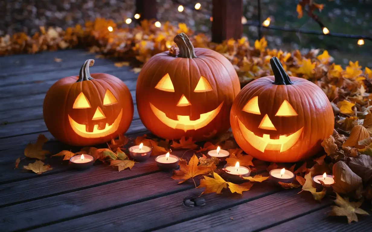 A warm and cozy Halloween scene featuring three carved pumpkins with glowing smiles, placed on a wooden deck. The pumpkins are surrounded by autumn leaves and small candles, with soft, out-of-focus lights in the background creating a magical ambiance. The scene captures the essence of a quiet, festive evening.