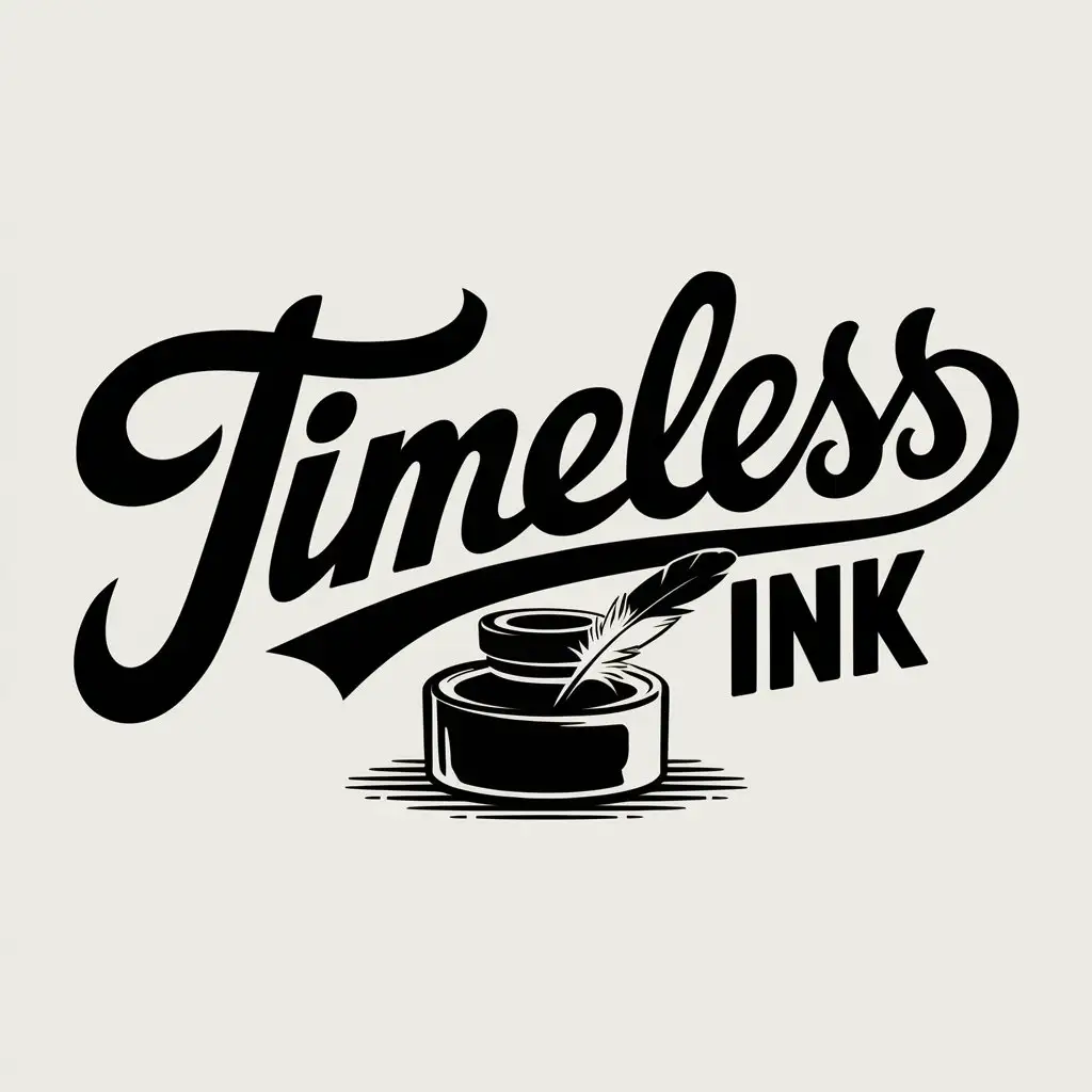 LOGO Design for Timeless Ink Bold Cursive Ink with Feather and Ink Well Symbol for Entertainment Industry