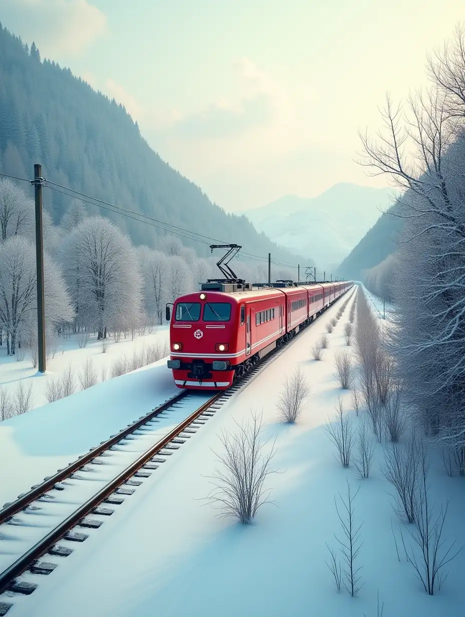 snowy winter swiss, red train position is center side view, aerial view, passing by moutain, A perfectly symmetrical, Wes Anderson-style cinematic shot featuring a vibrant red train traveling through a scenic landscape. The train is centered in the frame, moving along classic railway tracks, surrounded by a visually striking environment. The scene captures warm, pastel-toned lighting with a nostalgic, vintage film aesthetic. The composition is highly detailed, with precise framing, soft textures, and a color palette inspired by Wes Anderson’s iconic cinematography. The image maintains a photorealistic, live-action quality, with ultra-detailed textures, shot on a 50mm lens, natural lighting, and rich cinematic depth. True-to-life realism, no CGI, as if taken from an actual film scene.