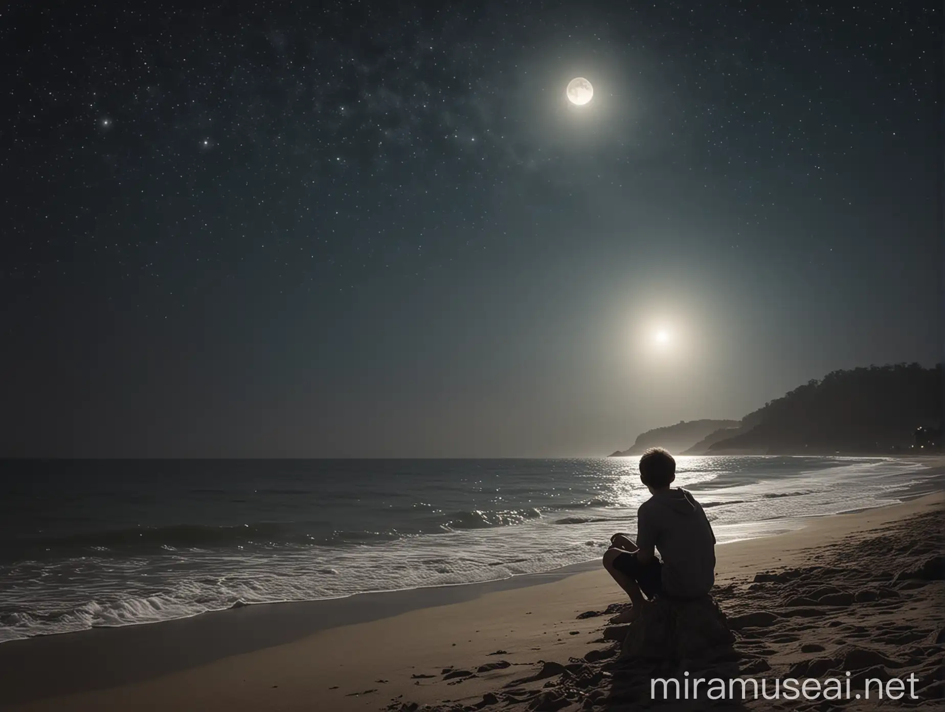 Boy Sitting by Beach at Night Watching Moon and Stars