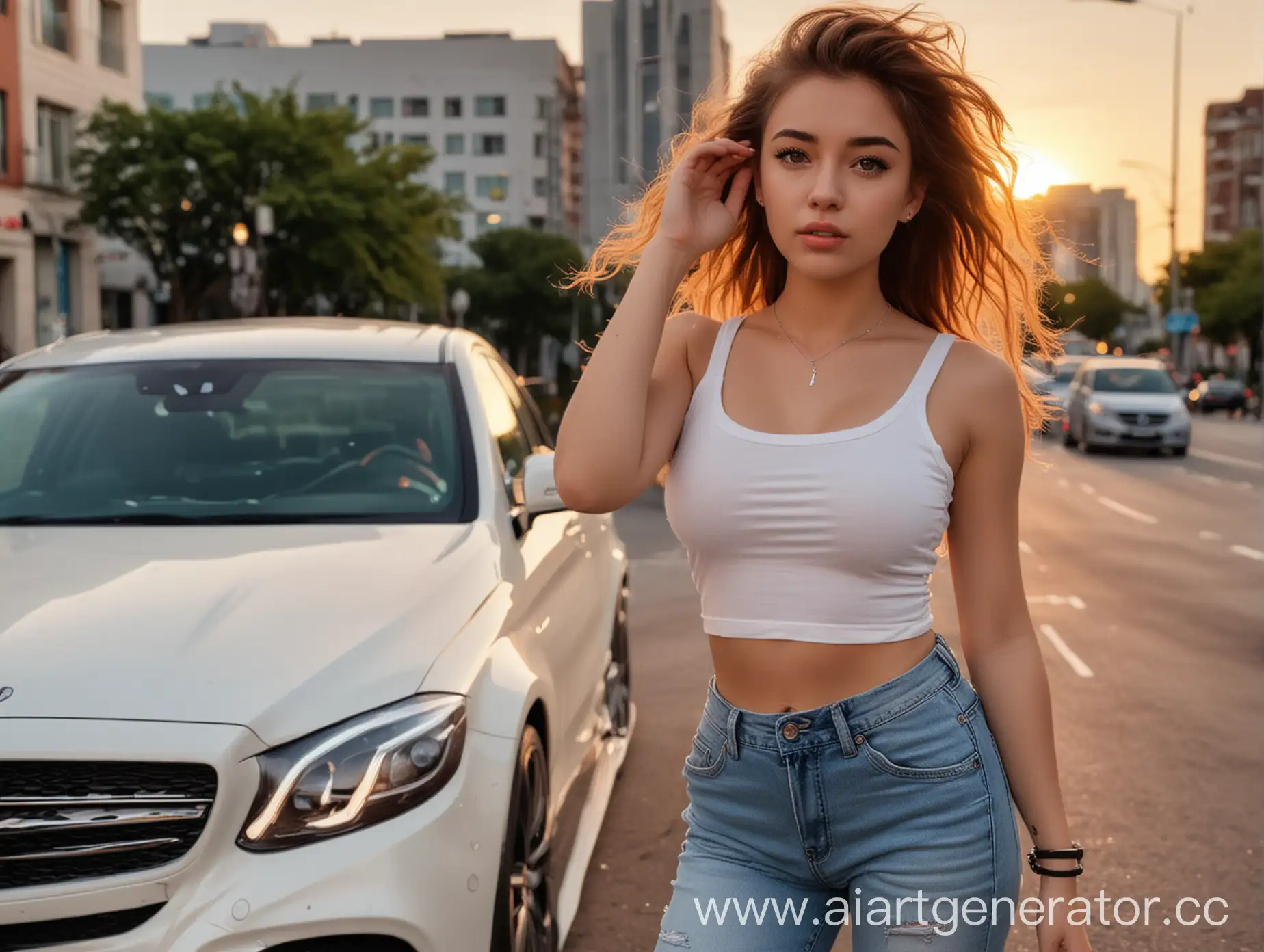 Young-Woman-in-Urban-Sunset-with-White-Mercedes-Benz