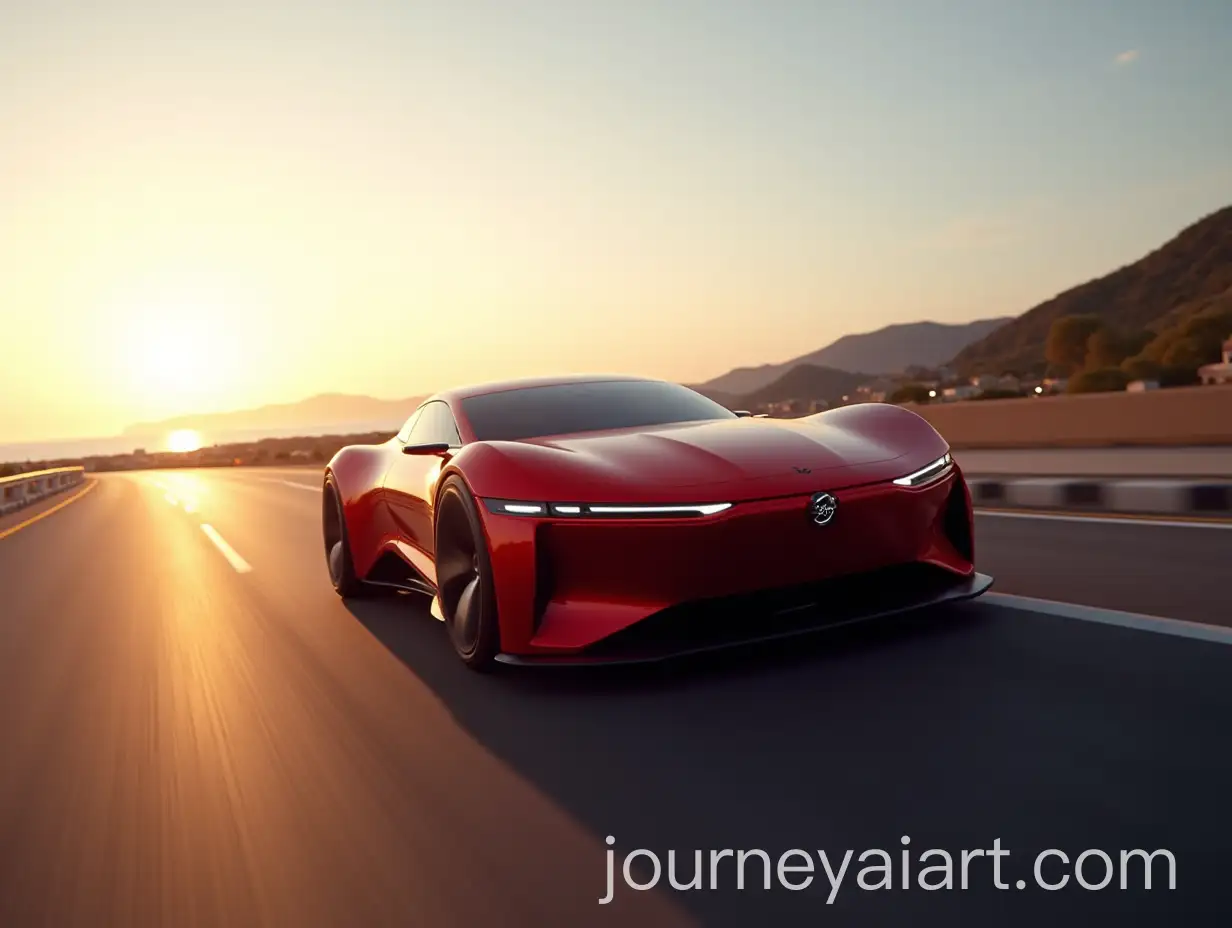 Futuristic-Red-Sports-Car-in-Motion-on-Coastal-Highway-with-Golden-Hour-Reflection