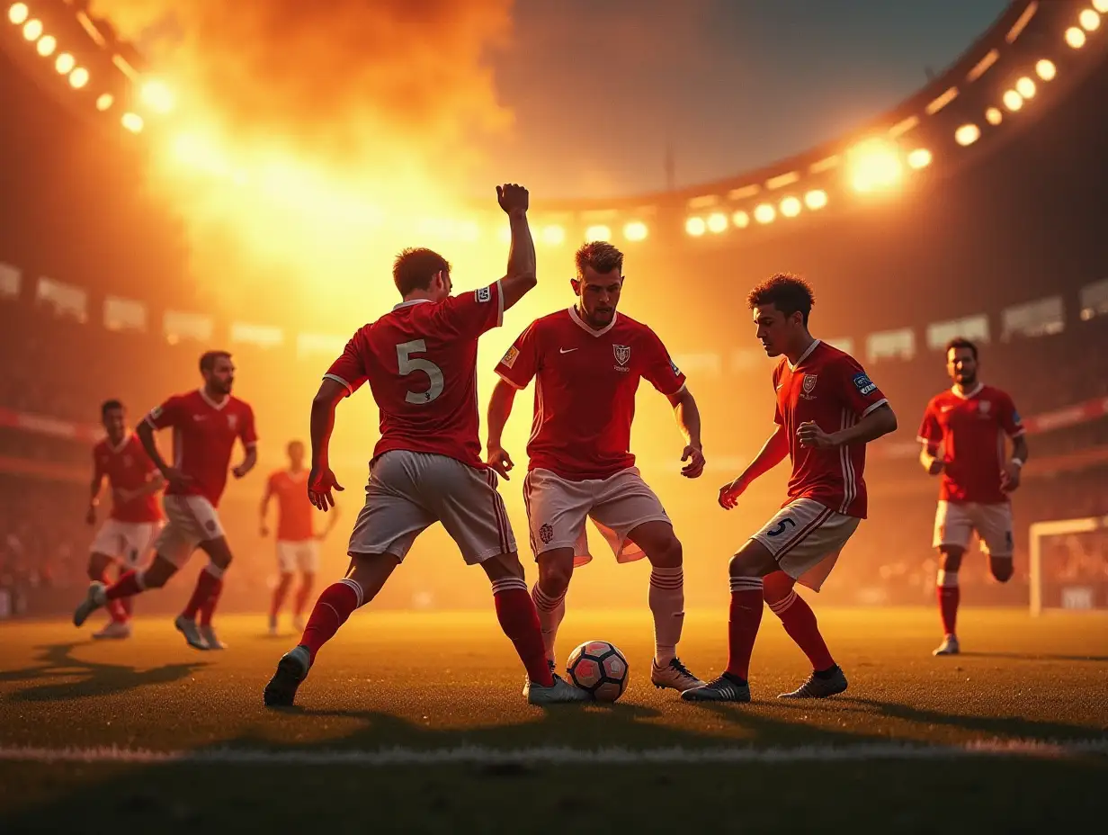 size of the image should be: 2204 x 864 pixelsnCreate a fiery and passionate scene on the football field. Where soccer players fight for every goal.