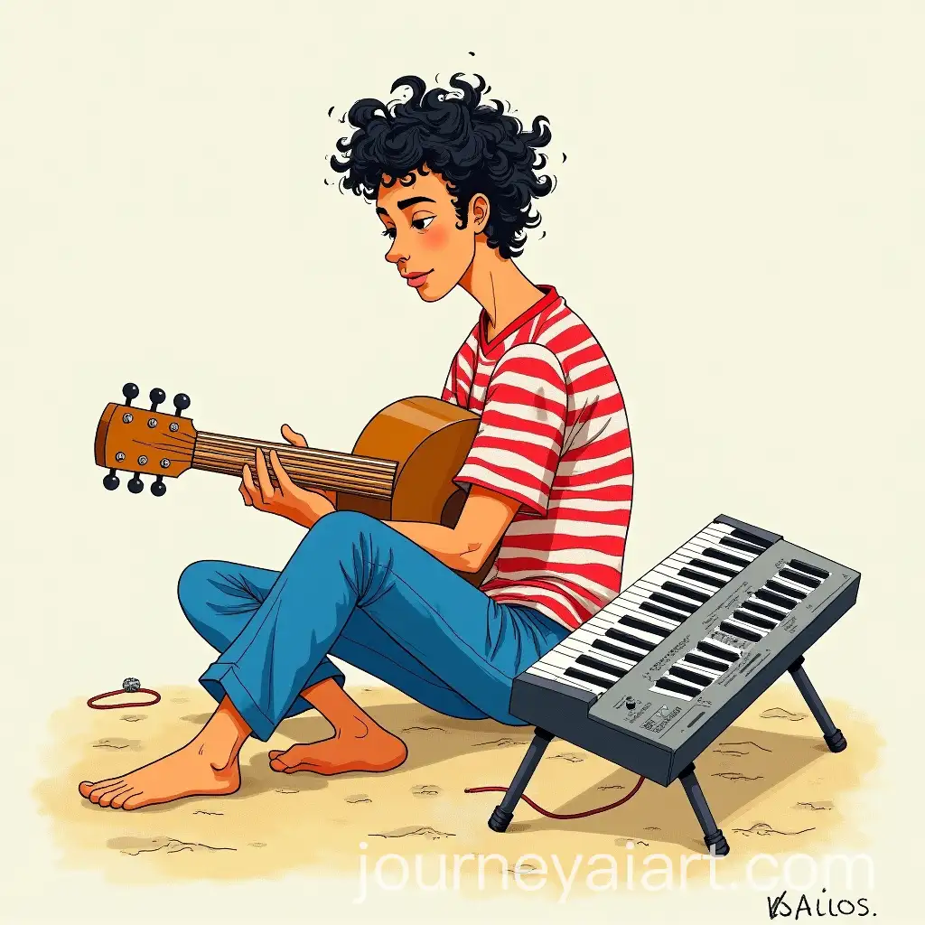 Young-Man-Playing-Guitar-on-Beach-with-Synthesizer