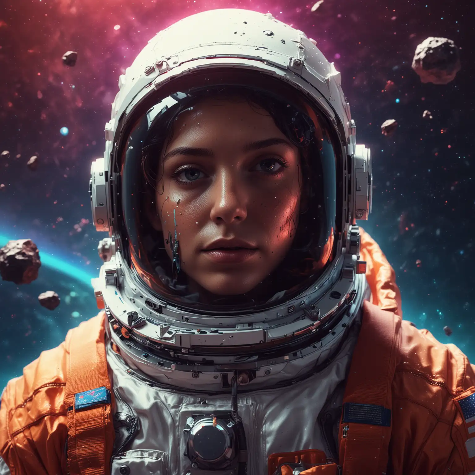 a close up of a person in a space suit, by Beeple, space art, colorful high contrast hd, 🚀🌈🤩, amoled wallpaper, in style of cyril rolando, portrait of an astronaut, asteroids, an astronaut