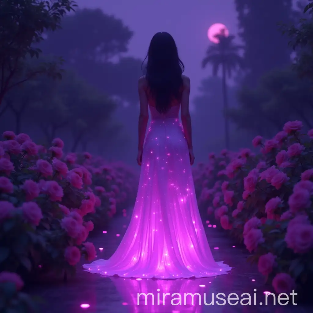 Stunning Woman in Digital Light Purple Dress in Rose Garden at Midnight