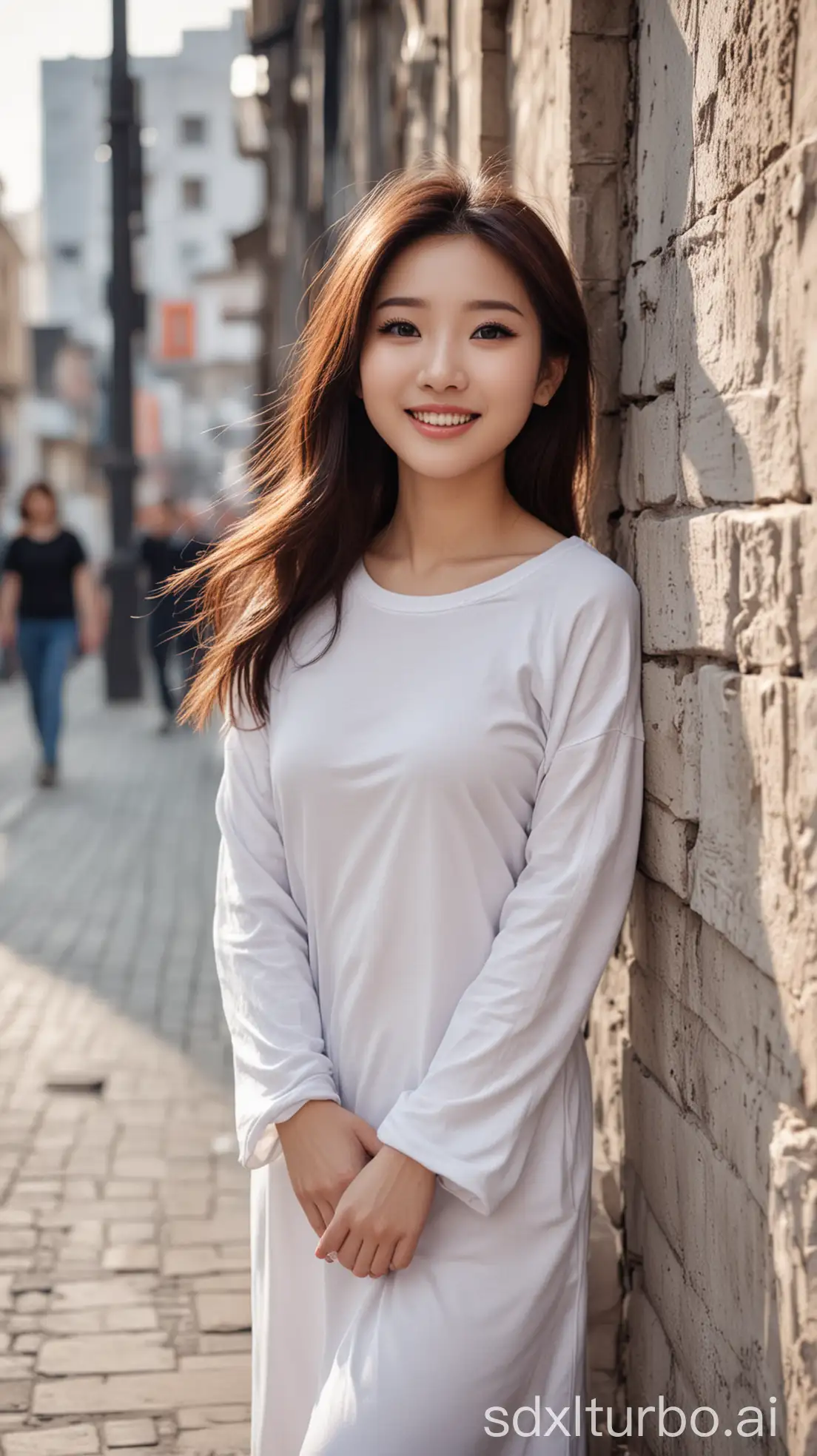 Beautiful-Chinese-Woman-in-Winter-Fashion-Leaning-Against-a-Wall-with-Sweet-Smile