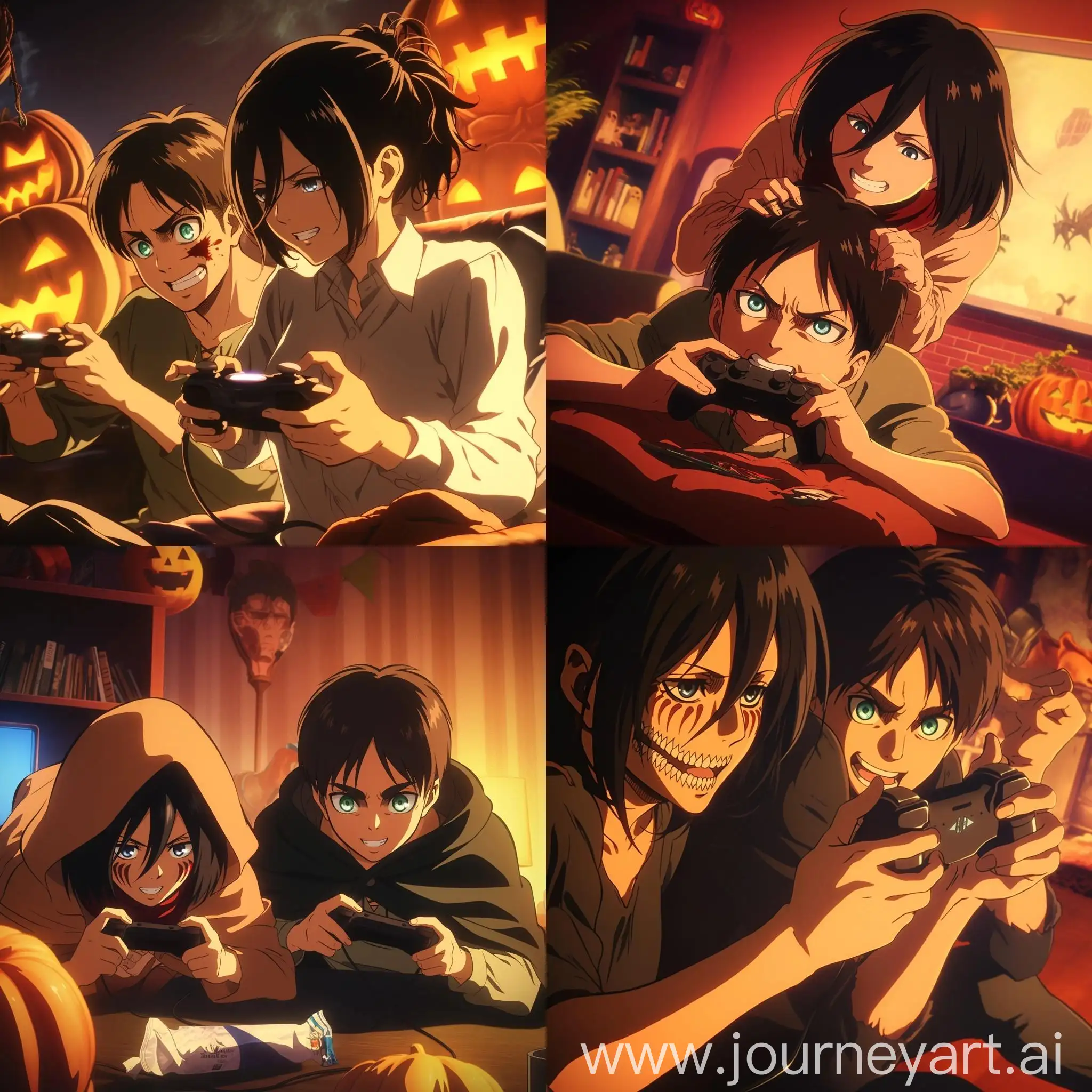 Mikasa-and-Eren-Playing-Games-at-Halloween-Party-in-Attack-on-Titan-Anime-Style