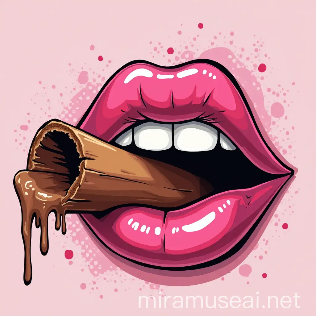 Graffiti Cartoon Style Depiction of Pink Lips Biting a Cinnamon Stick