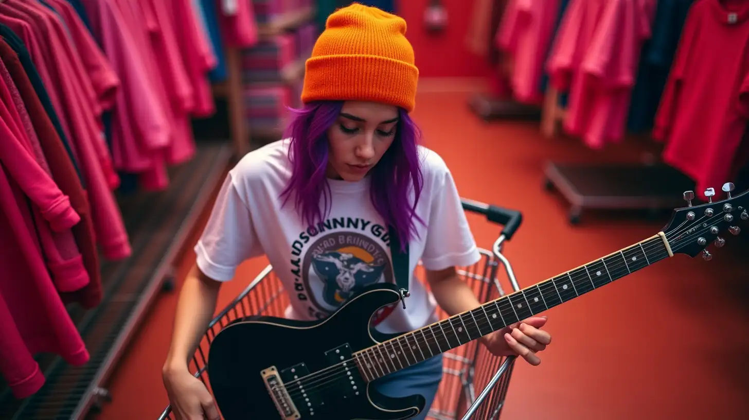 Latin Teen Girl with Purple Hair Playing Guitar in Clothing Store