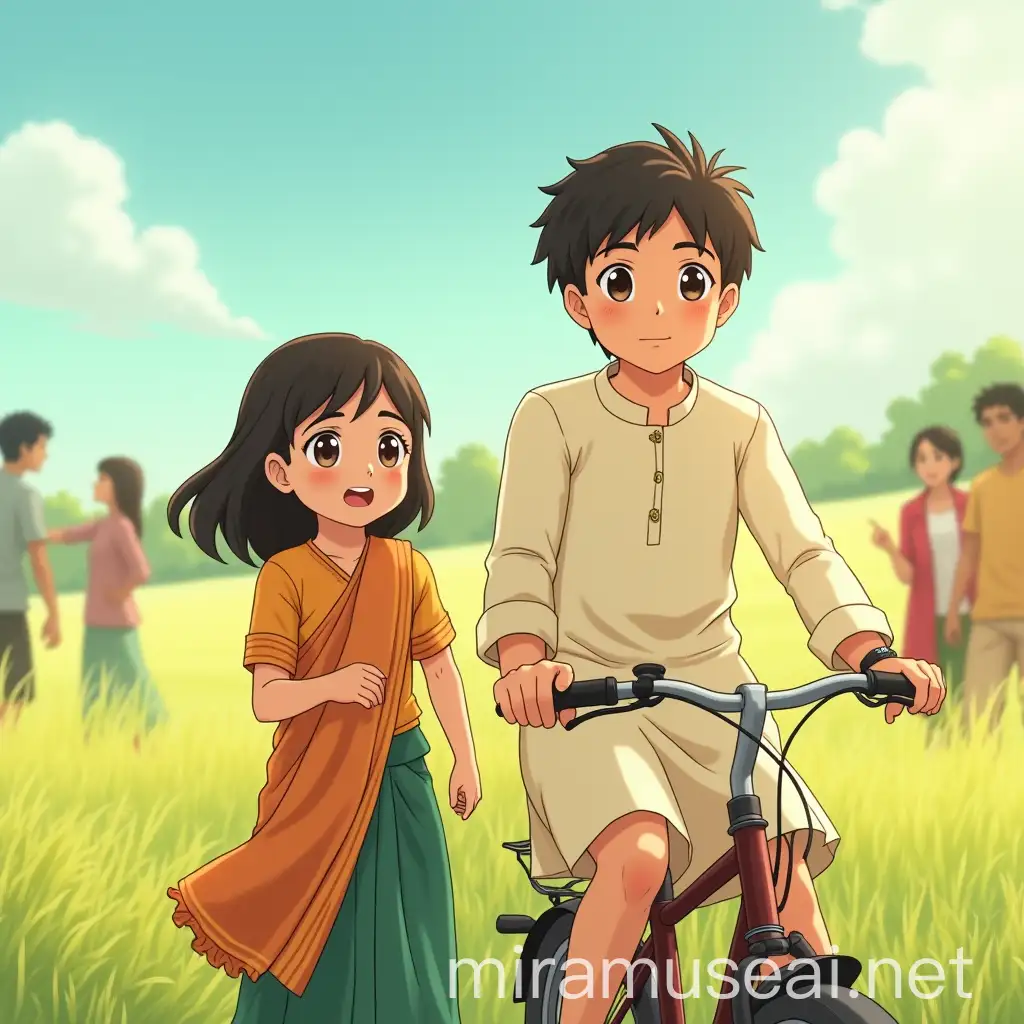 Young Couple in Traditional Attire Cycling Through a Sunny Field