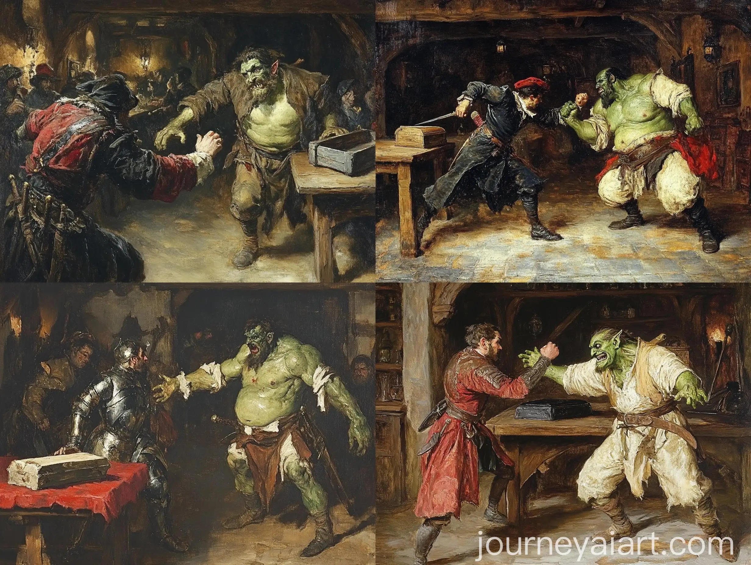 Spanish-Warrior-Dueling-a-GreenSkinned-Orc-in-a-Tavern