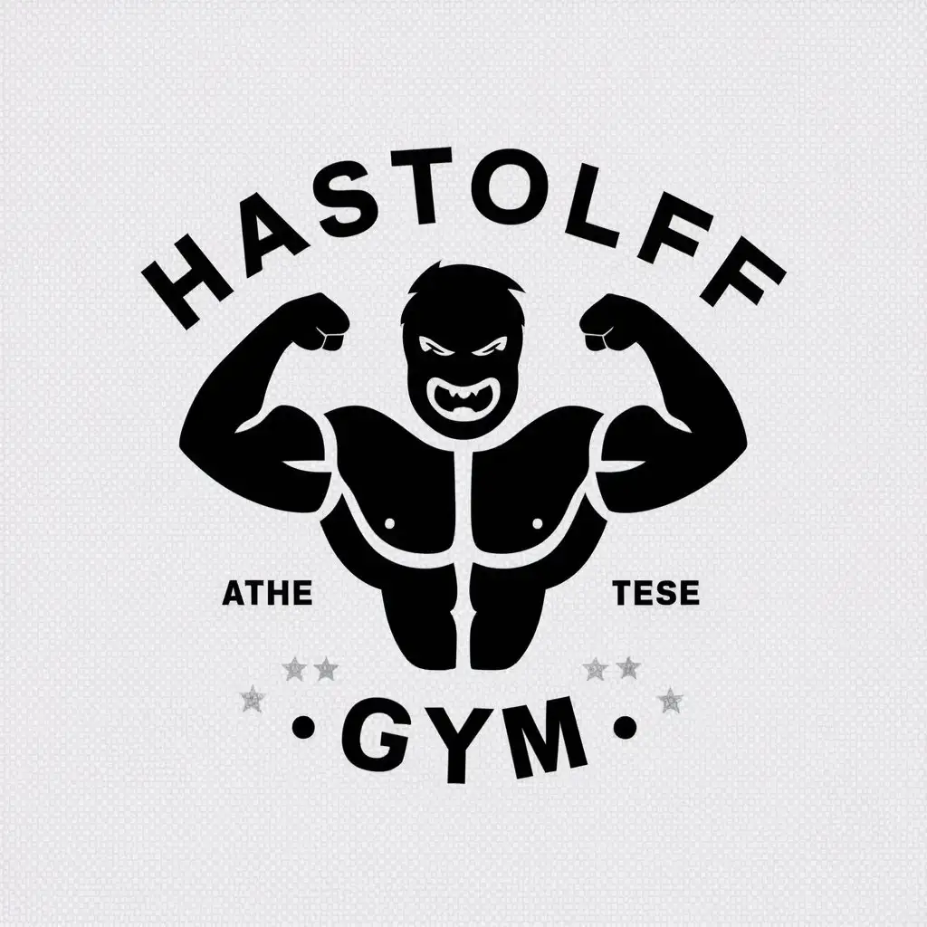 a vector logo design,with the text "Hastolff Gym,", main symbol:trenbolone with biceps with a face and fierce smile,complex,be used in Sports Fitness industry,clear background